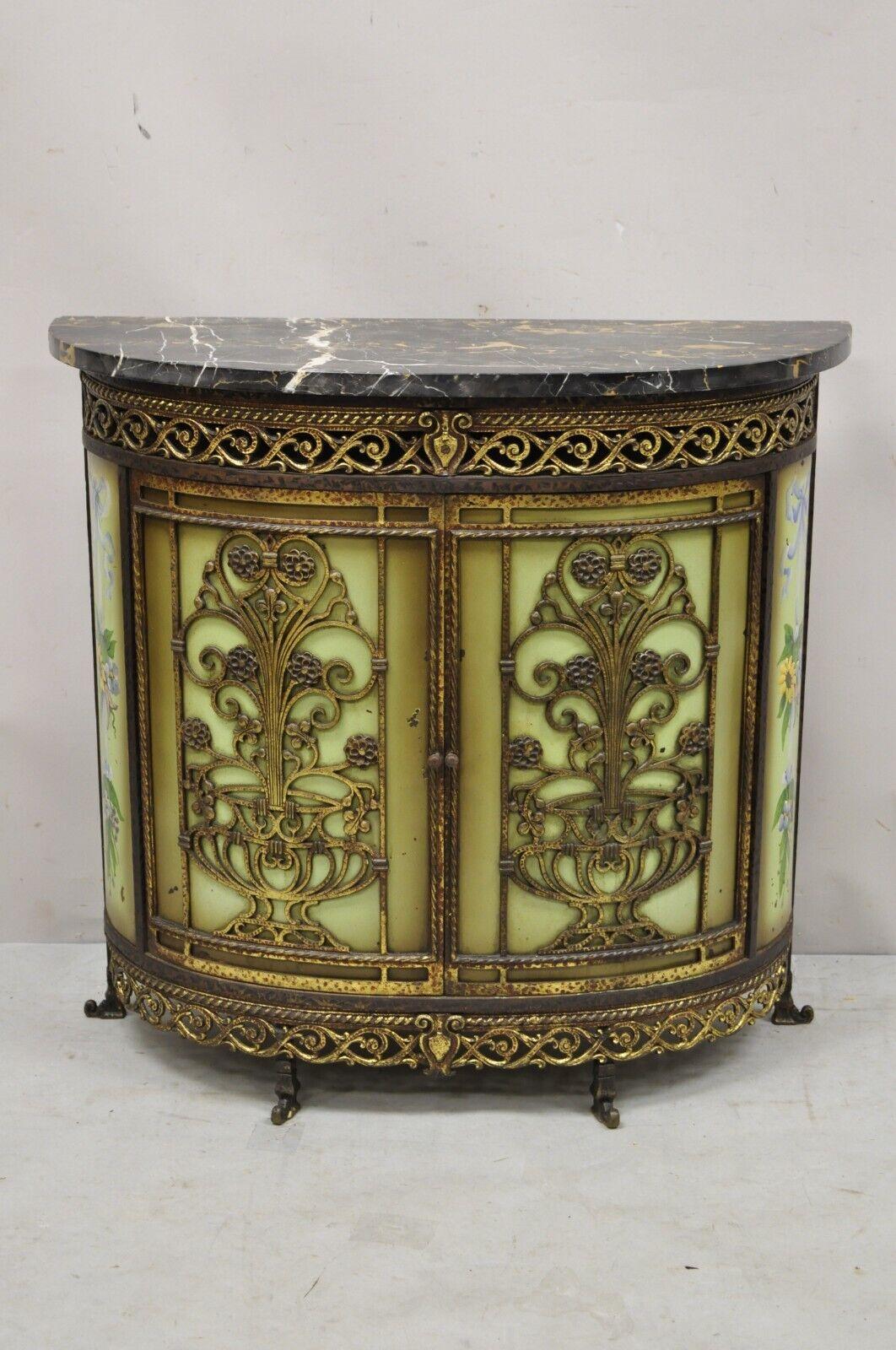 French Victorian Wrought Iron Oscar Bach Demilune Marble Top Console Cabinet For Sale 8