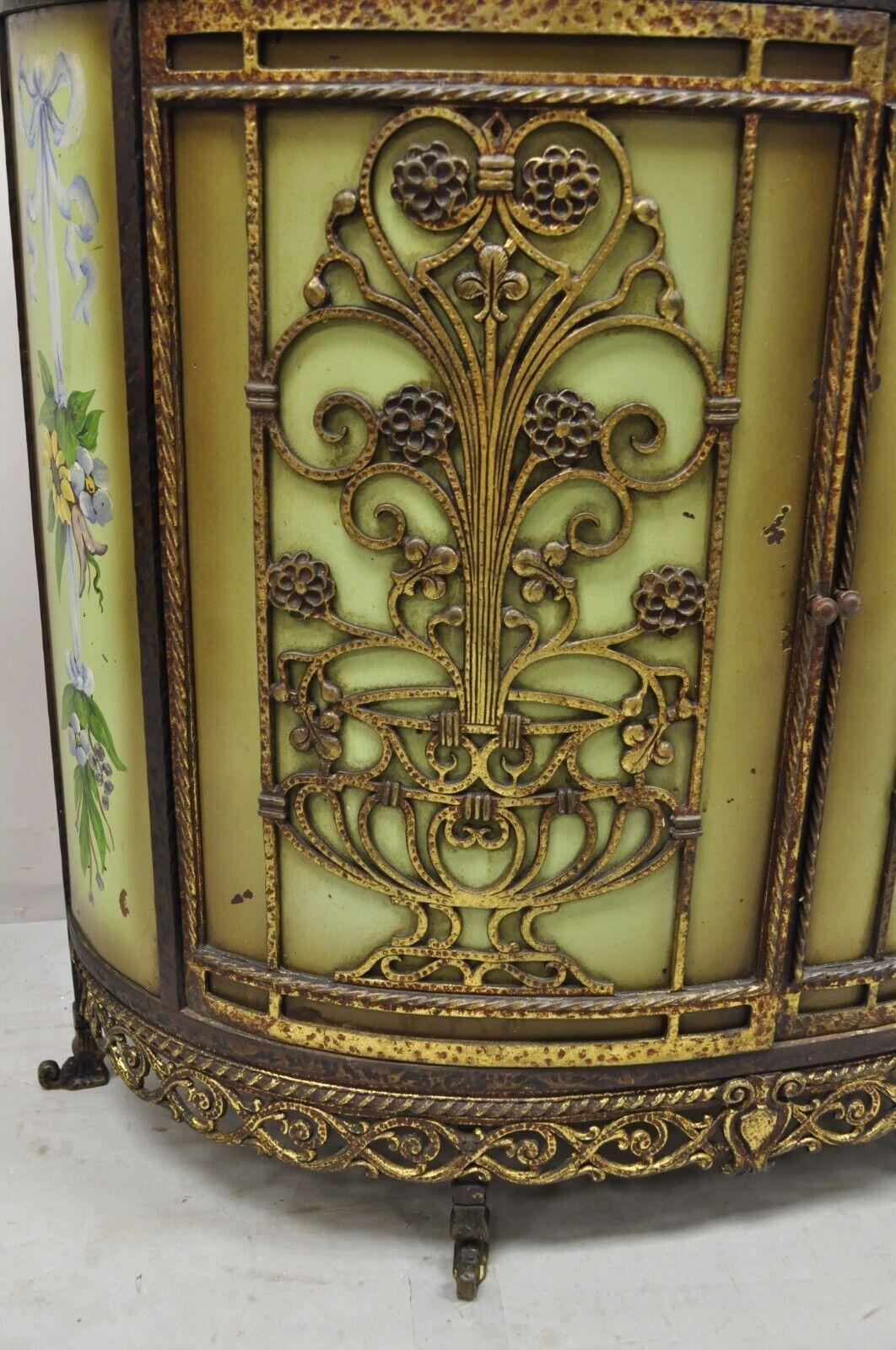 French Victorian Wrought Iron Oscar Bach Demilune Marble Top Console Cabinet In Good Condition For Sale In Philadelphia, PA