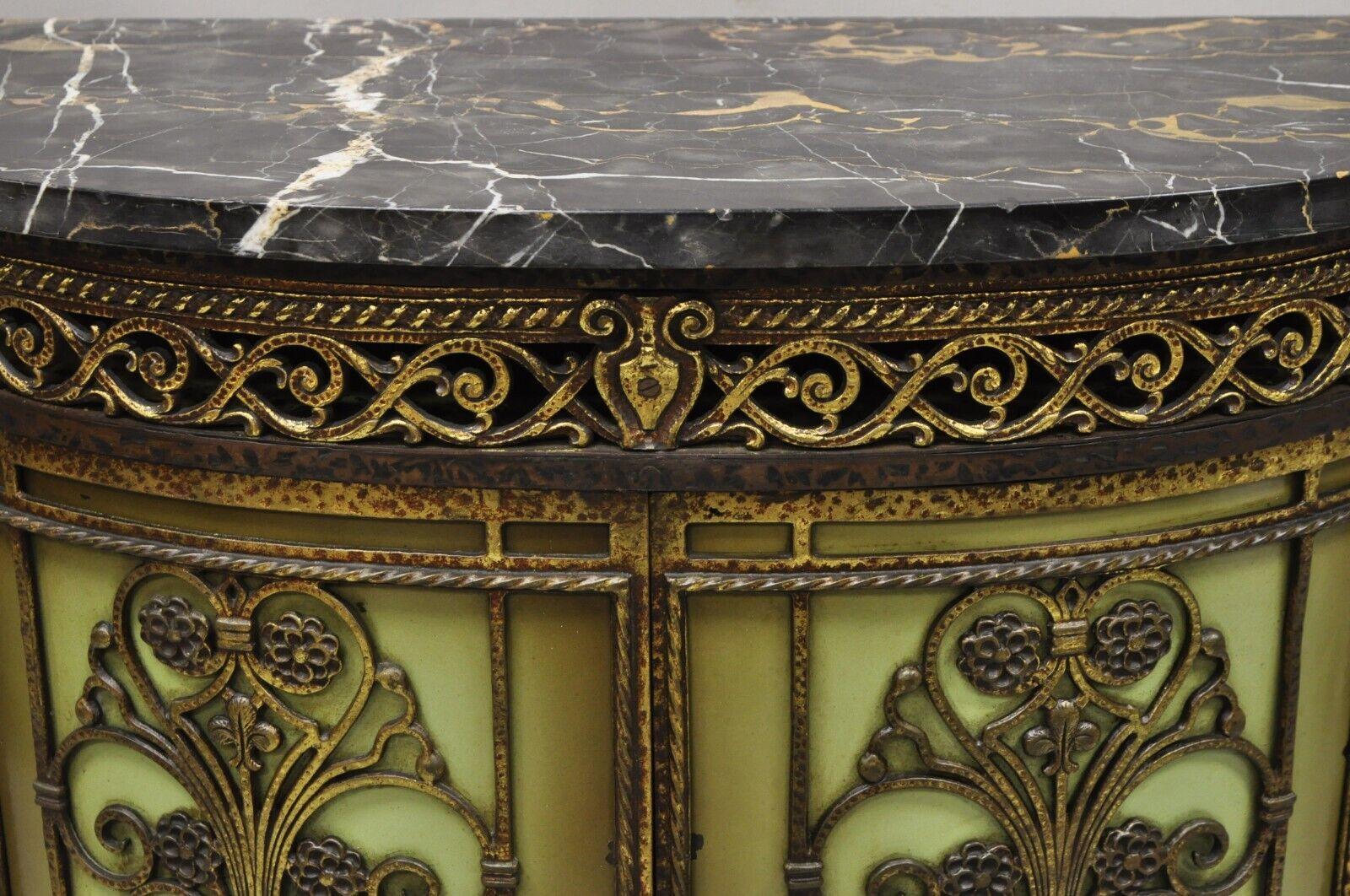 20th Century French Victorian Wrought Iron Oscar Bach Demilune Marble Top Console Cabinet For Sale