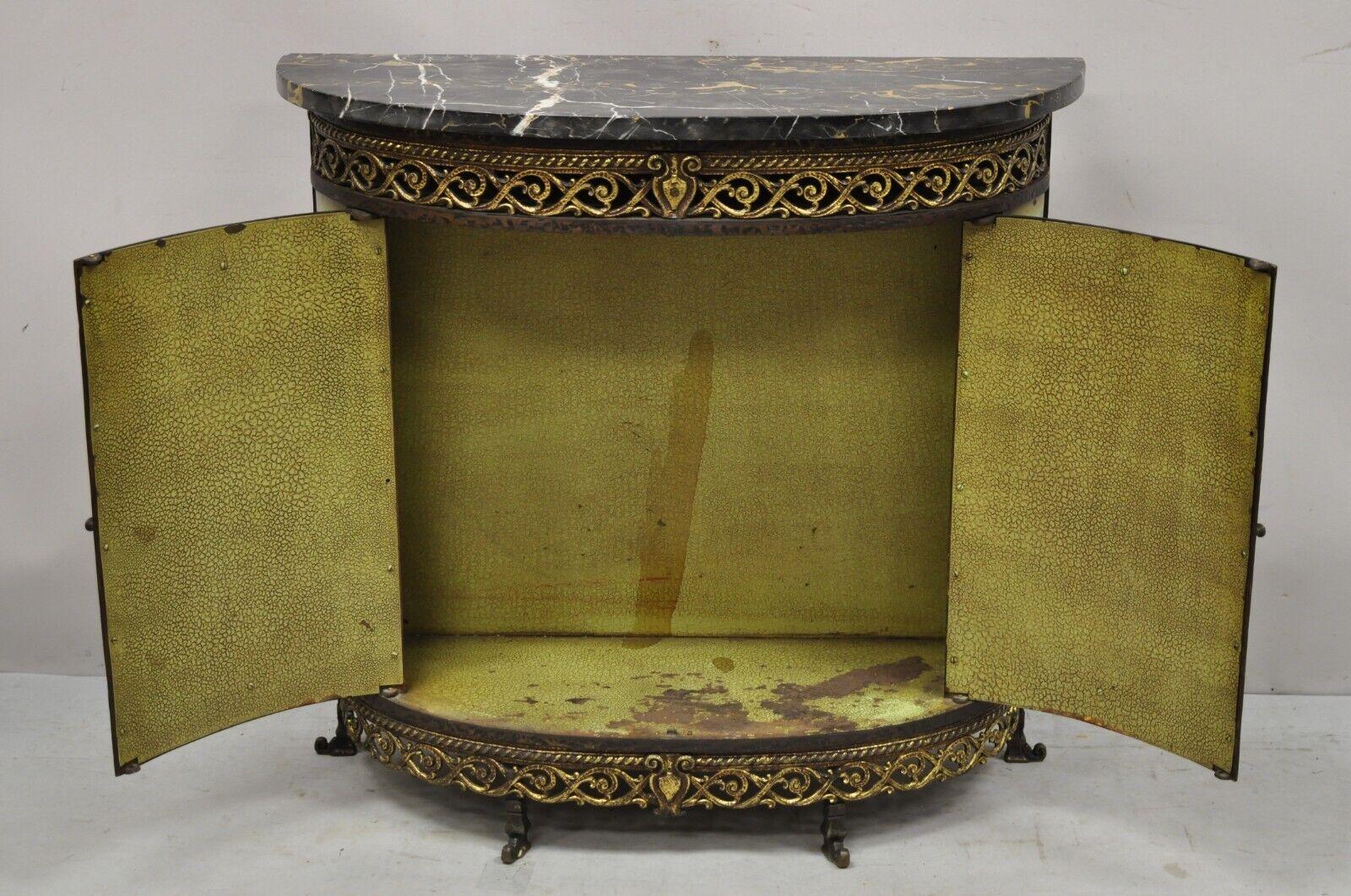 French Victorian Wrought Iron Oscar Bach Demilune Marble Top Console Cabinet For Sale 3