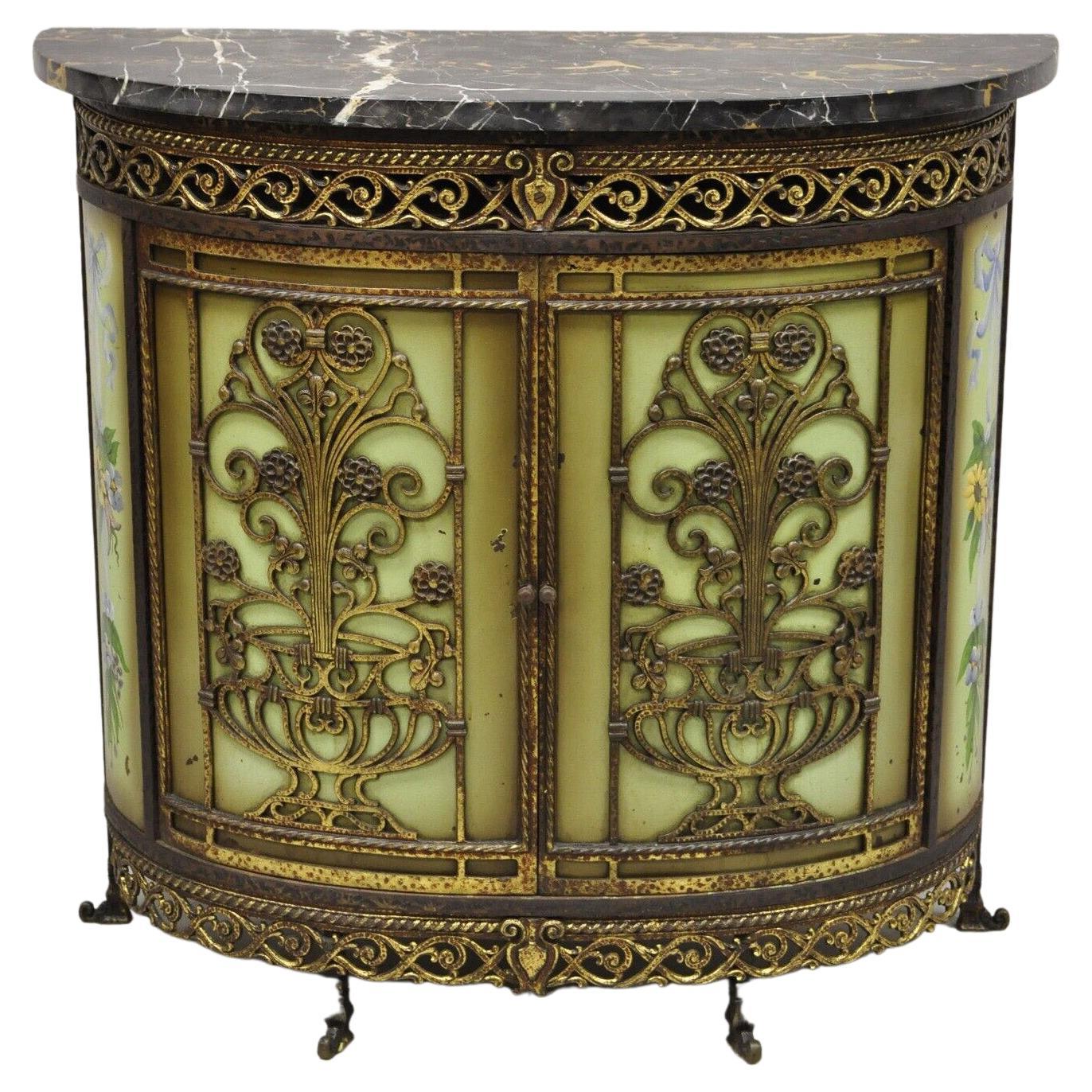French Victorian Wrought Iron Oscar Bach Demilune Marble Top Console Cabinet For Sale