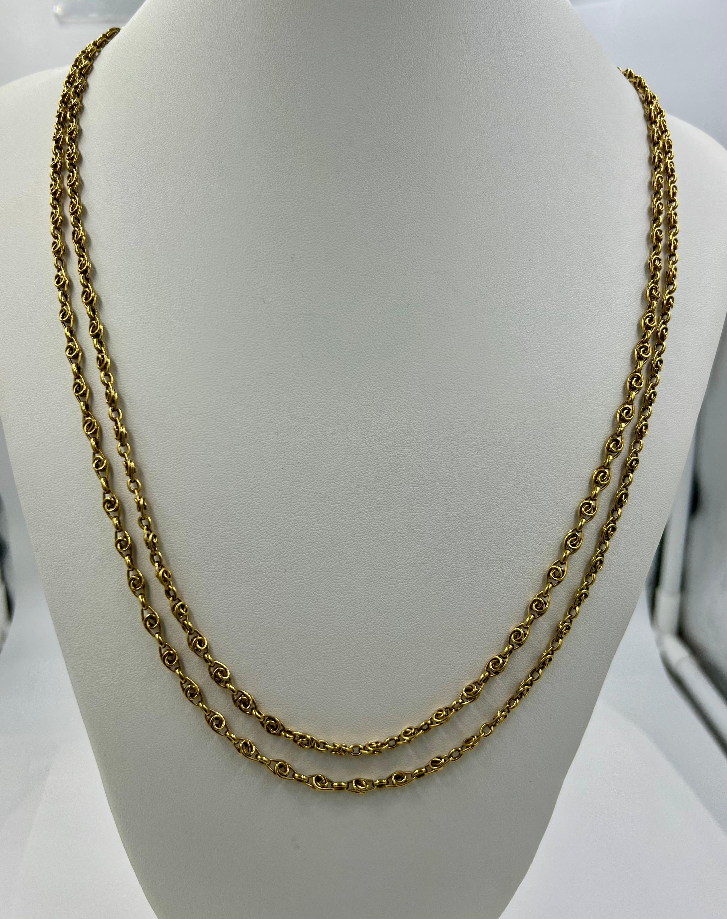 French Victorian yellow gold long chain, circa 1890s

  This all hand made chain was used as a lorgnette chain necklace back then.  Today it can be worn many ways long or short.  Pictures below show two different ways to wear this