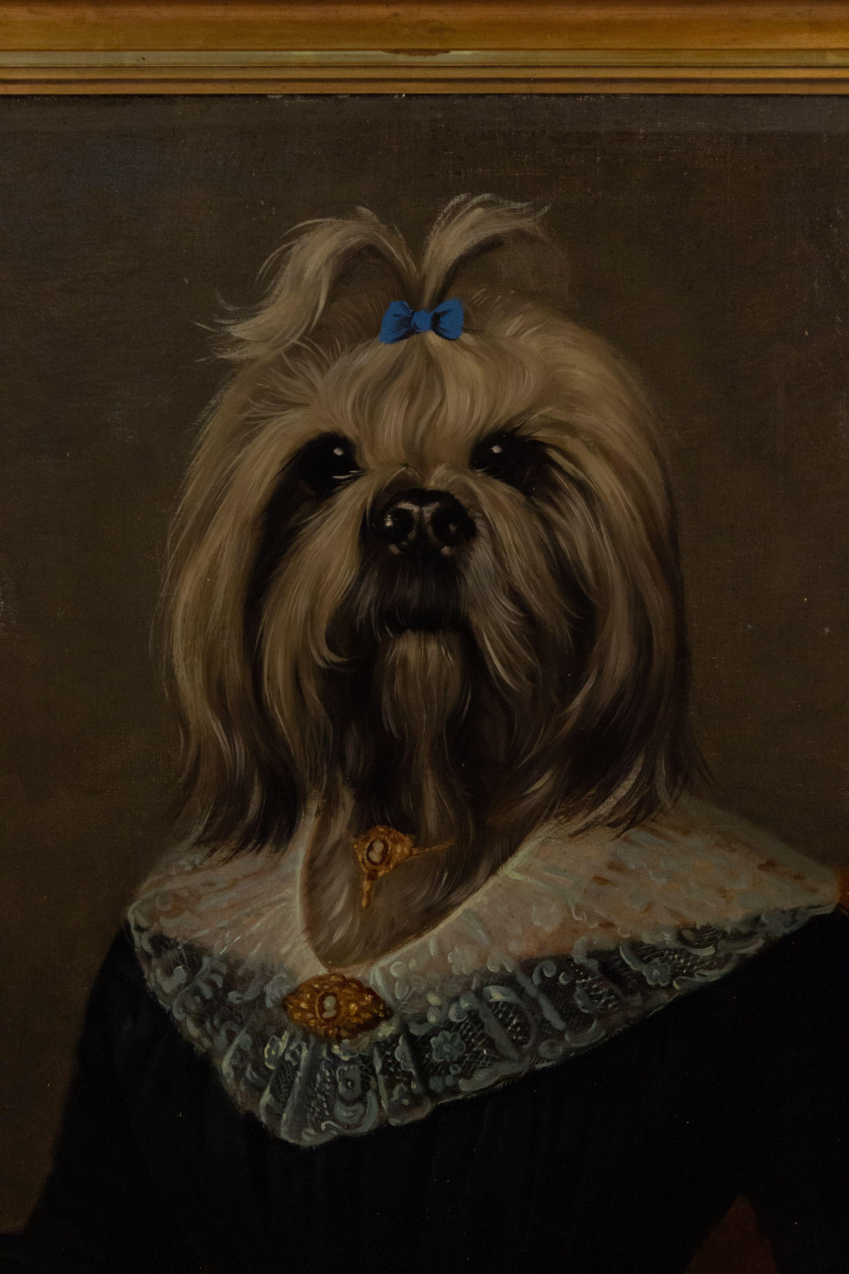 French Victorian style gilt framed oil painting portrait of a yorkshire terrier dressed as a lady in black with a white lace collar (signed: PONCELET).
 