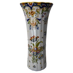 Antique French Vieux Rouen Faience Vase with Vegetal Patterns Art Nouveau, c. 1900