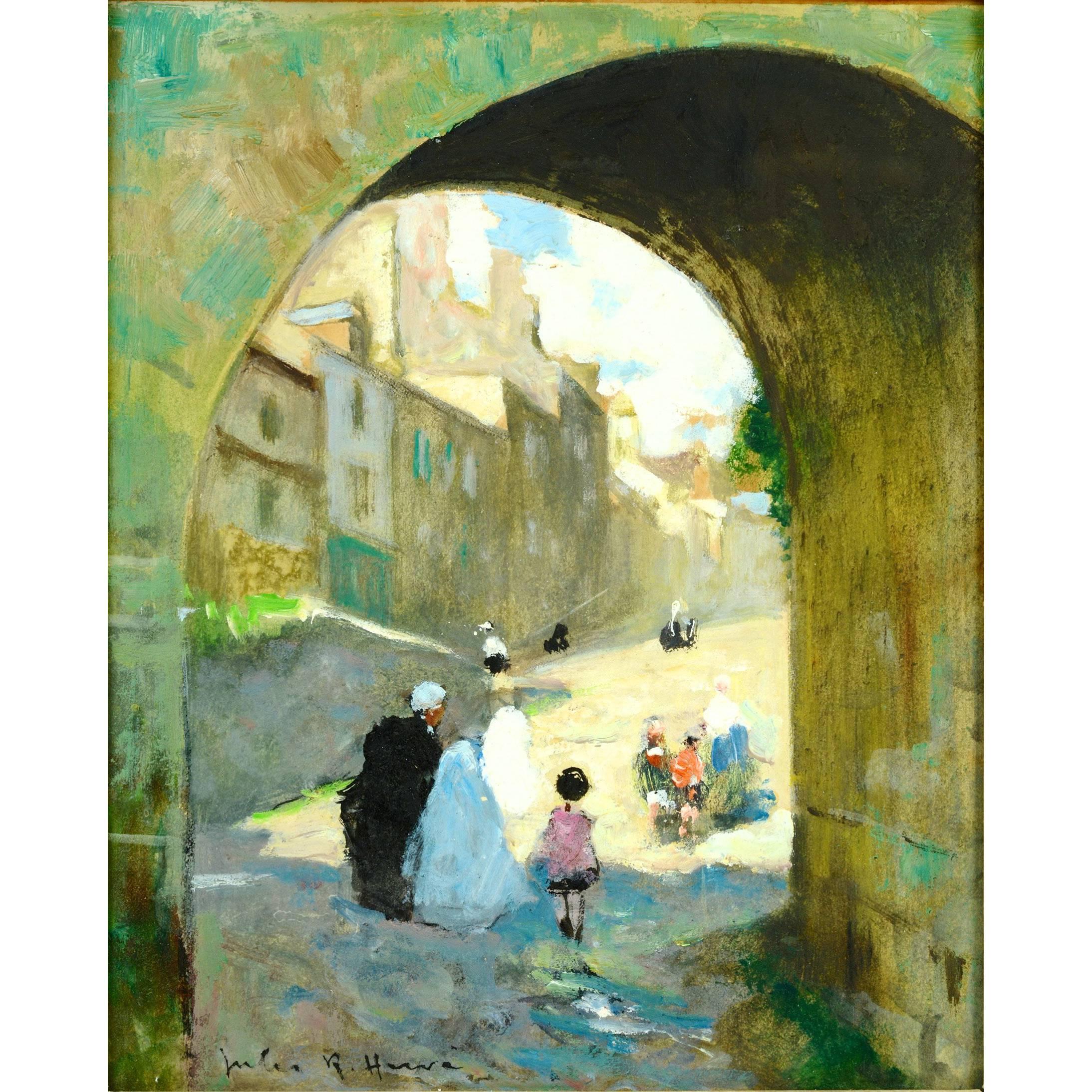 This beautiful glimpse through a Village Archway illustrates Hervé's graphic and colorful vision. Jules-René Hervé (1887-1981) was a painter famous for his scenes of the Parisian life. He also painted many views of his hometown of Brévoines France.