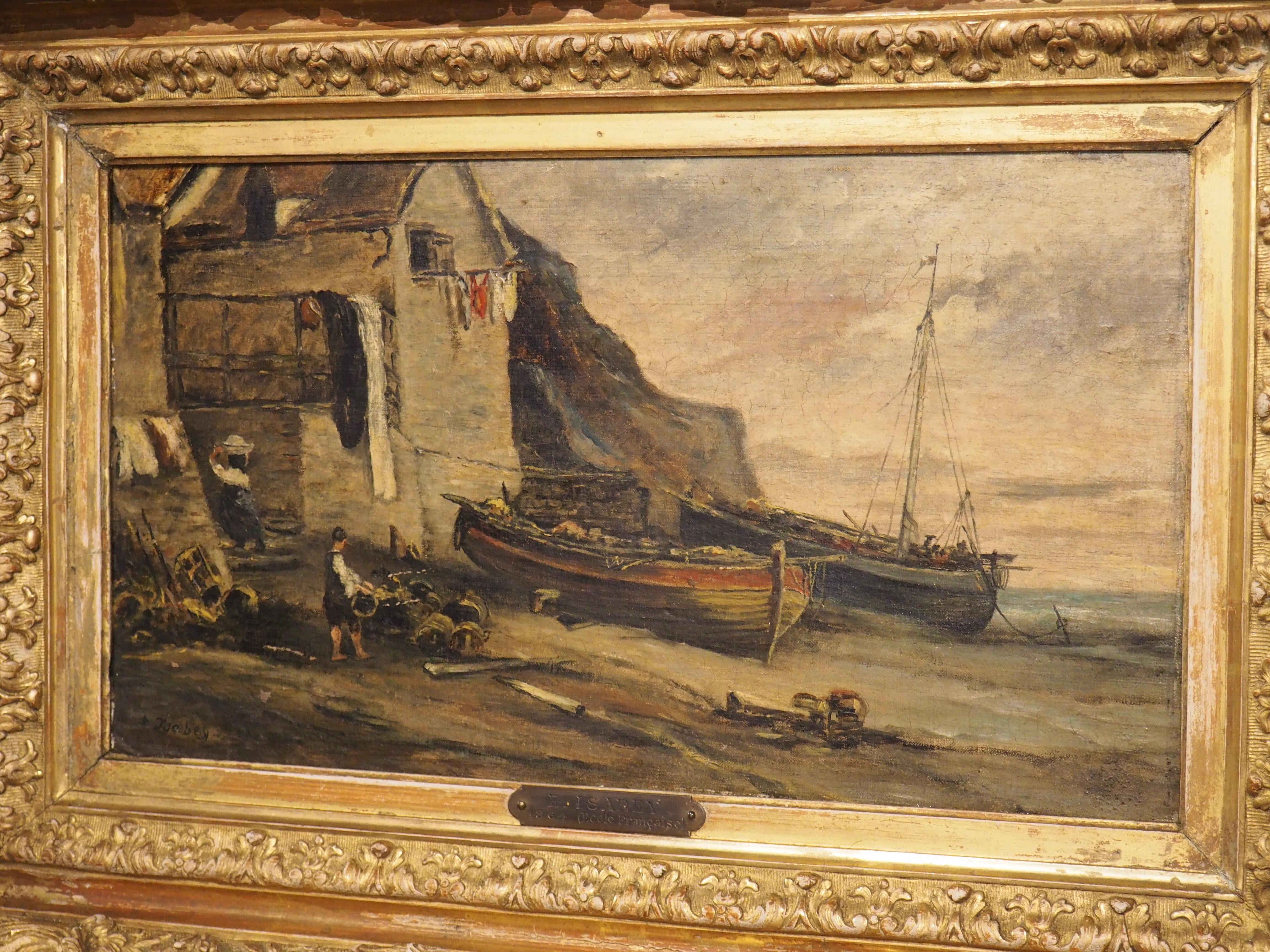 French Village Harbor Scene, Oil on Board Painting by Eugene Isabey, 1864 For Sale 2