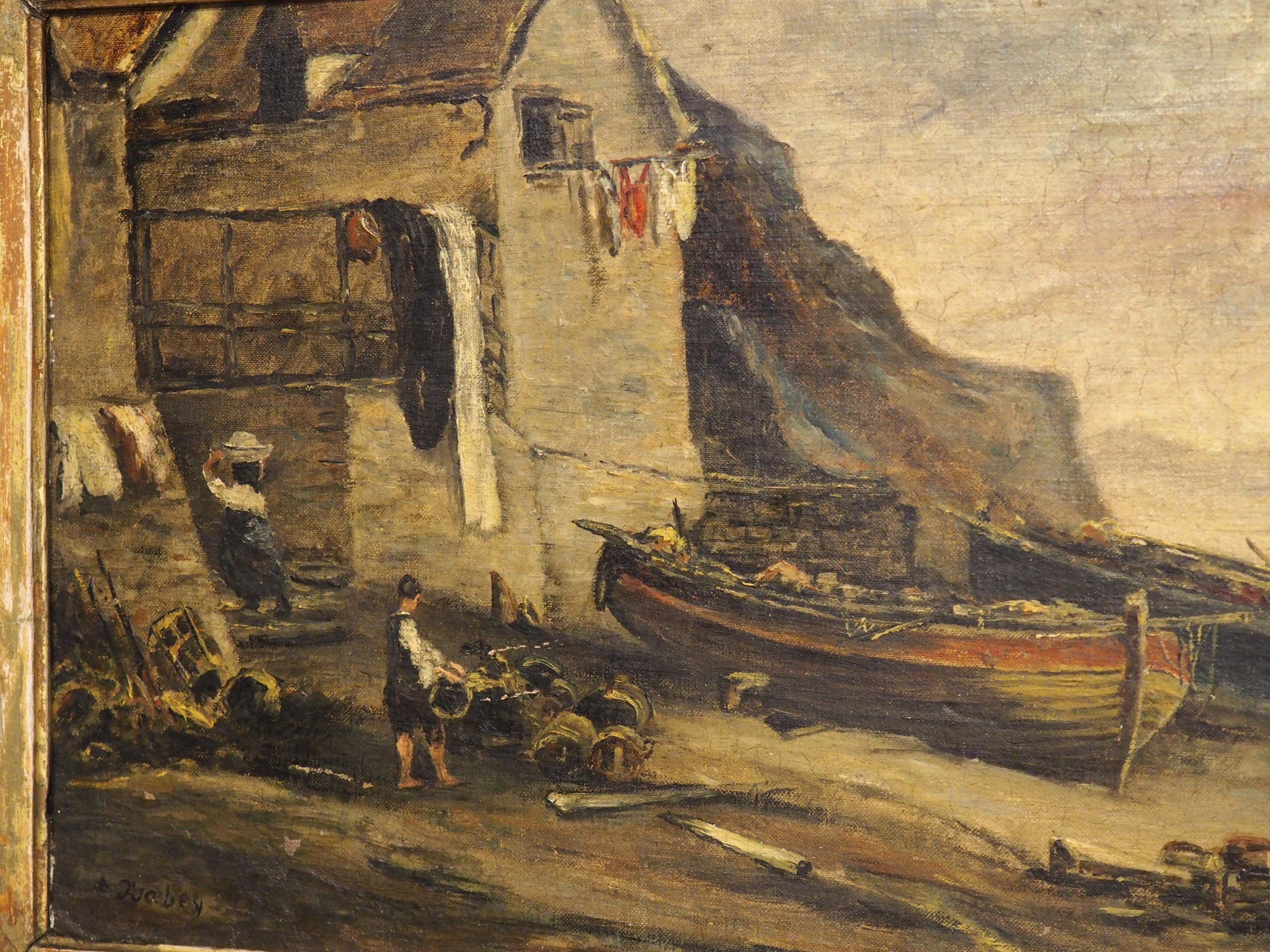 French Village Harbor Scene, Oil on Board Painting by Eugene Isabey, 1864 For Sale 3