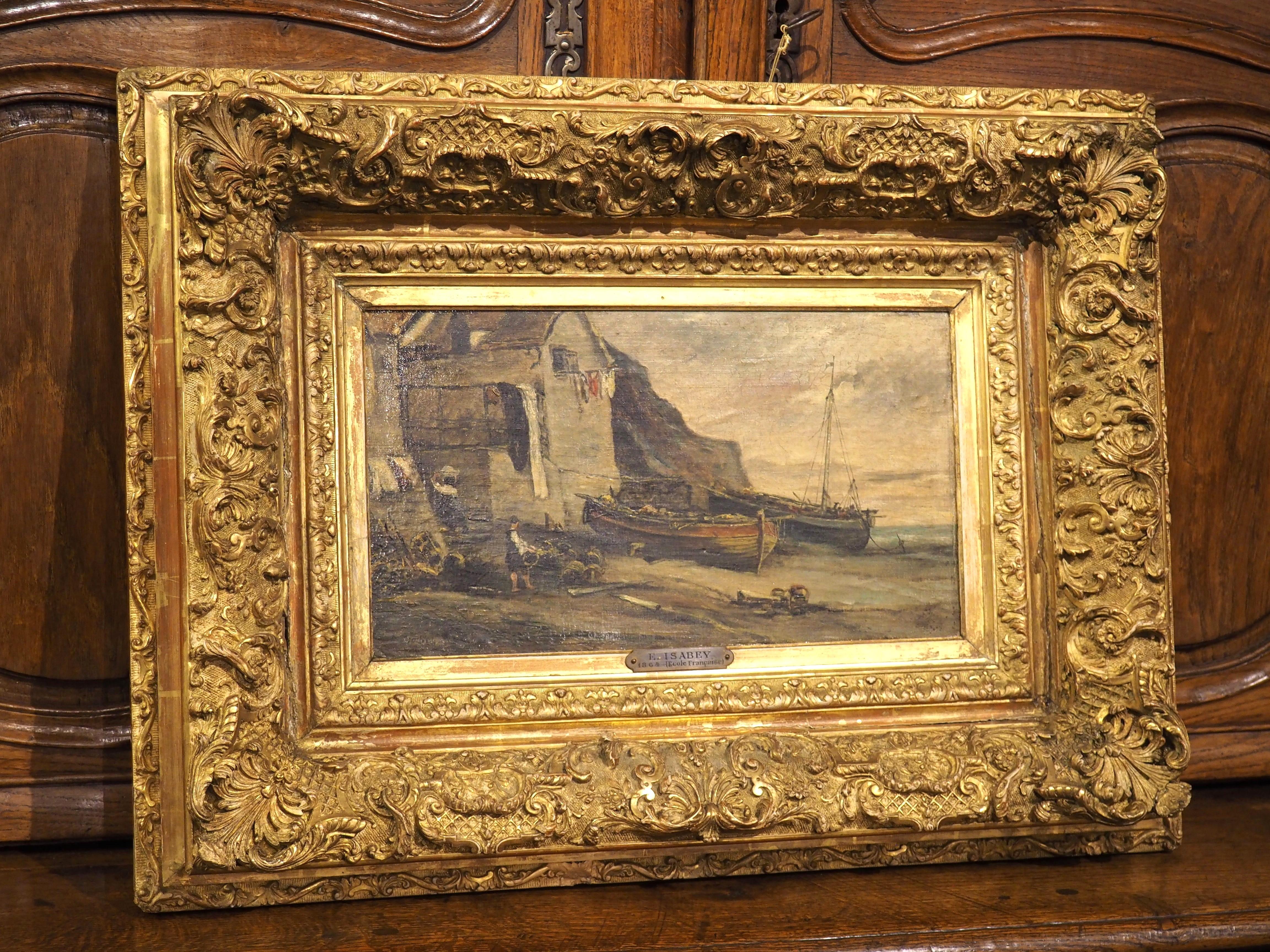 Französische Hafenszene eines Dorfes, Öl auf Karton, Gemälde von Eugene Isabey, 1864 im Angebot 10