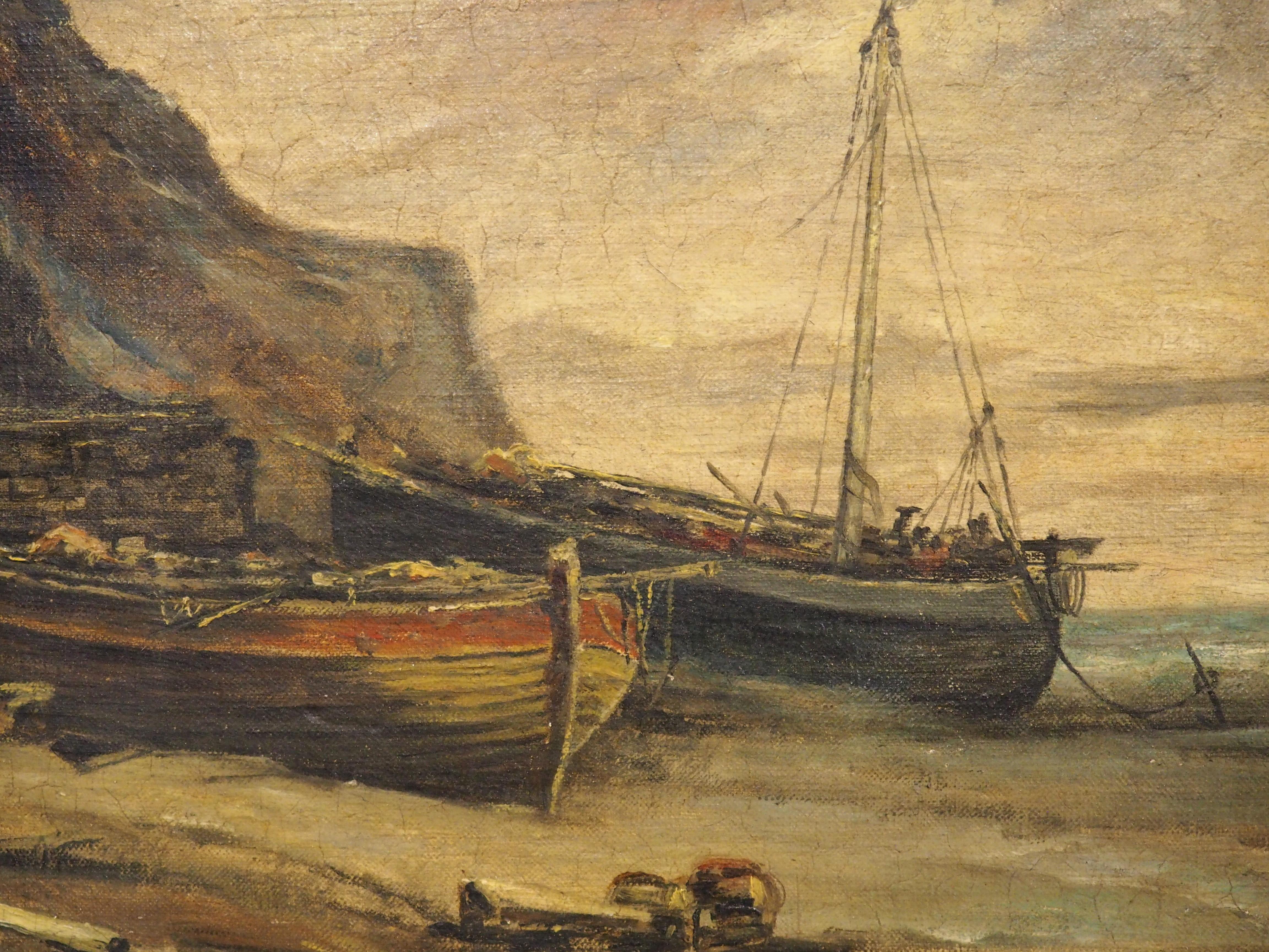 Französische Hafenszene eines Dorfes, Öl auf Karton, Gemälde von Eugene Isabey, 1864 im Angebot 14