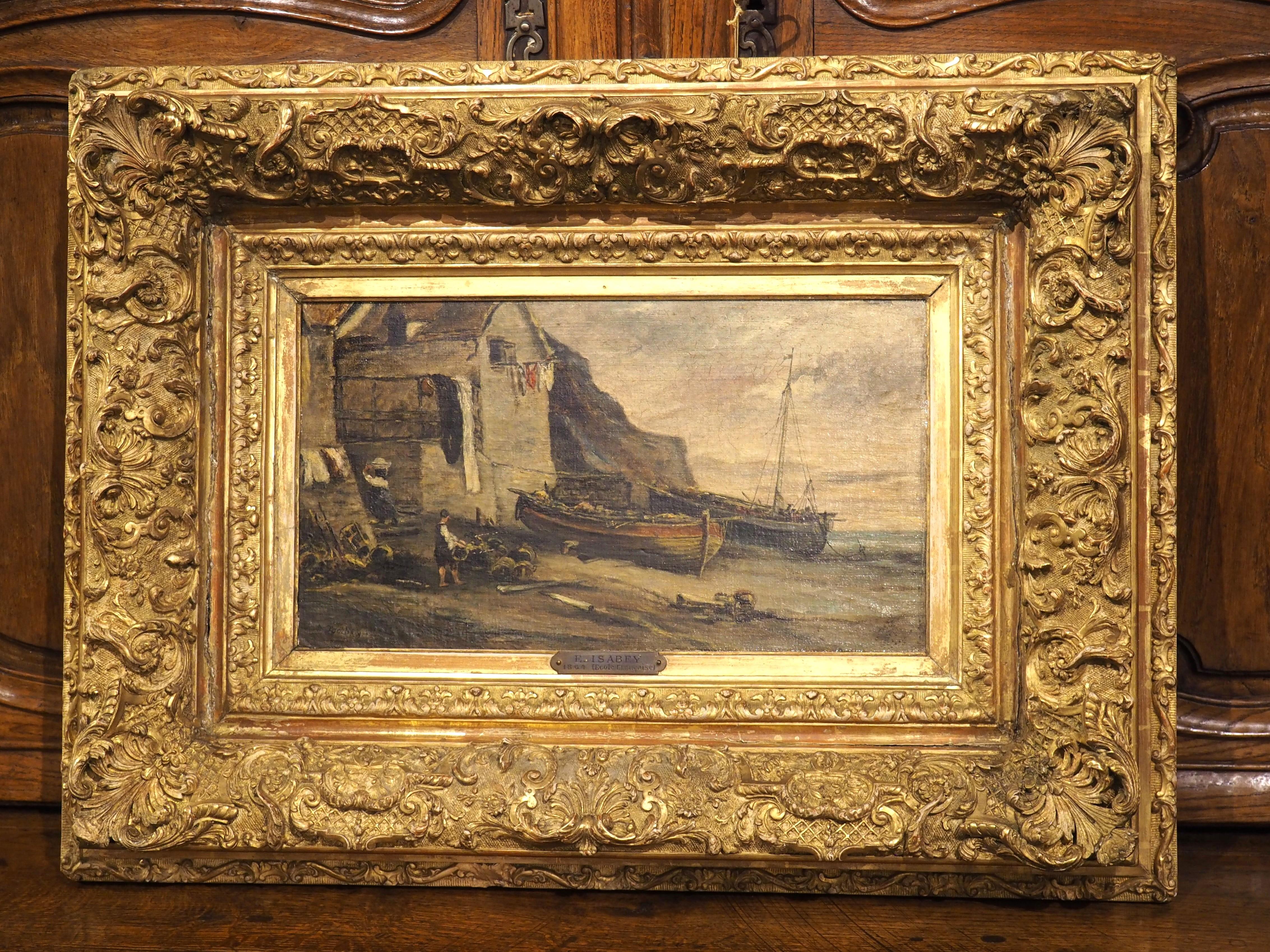 Französische Hafenszene eines Dorfes, Öl auf Karton, Gemälde von Eugene Isabey, 1864 (Handgeschnitzt) im Angebot