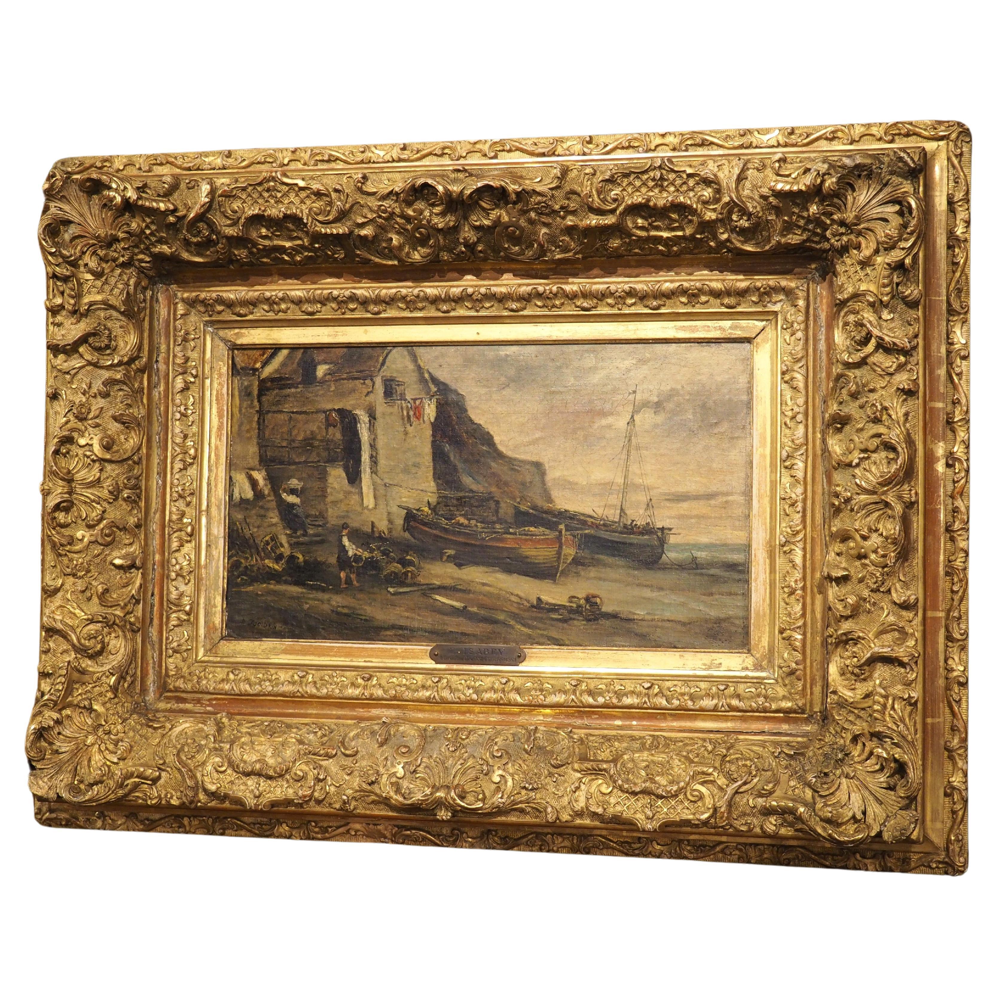 French Village Harbor Scene, Oil on Board Painting by Eugene Isabey, 1864 For Sale