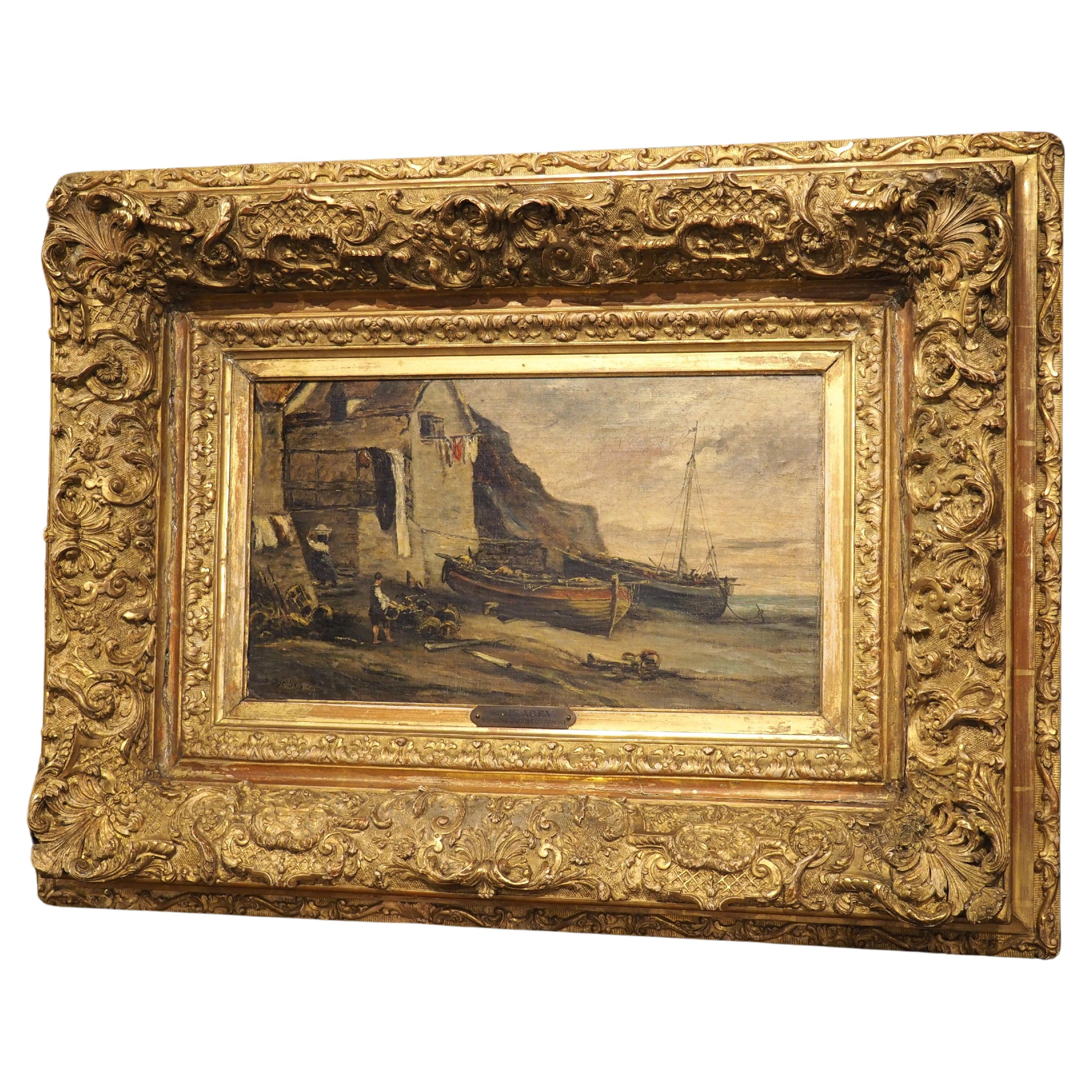 Escena portuaria de aldea francesa, pintura al óleo sobre tabla de Eugene Isabey, 1864