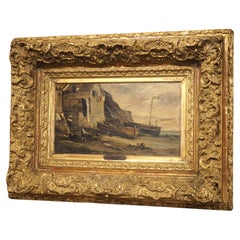French Village Harbour Scene, Oil on Board Painting by Eugene Isabey, 1864