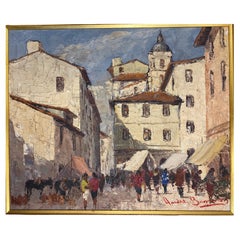 French Village Scene, Oil on Canvas Painting Village in France