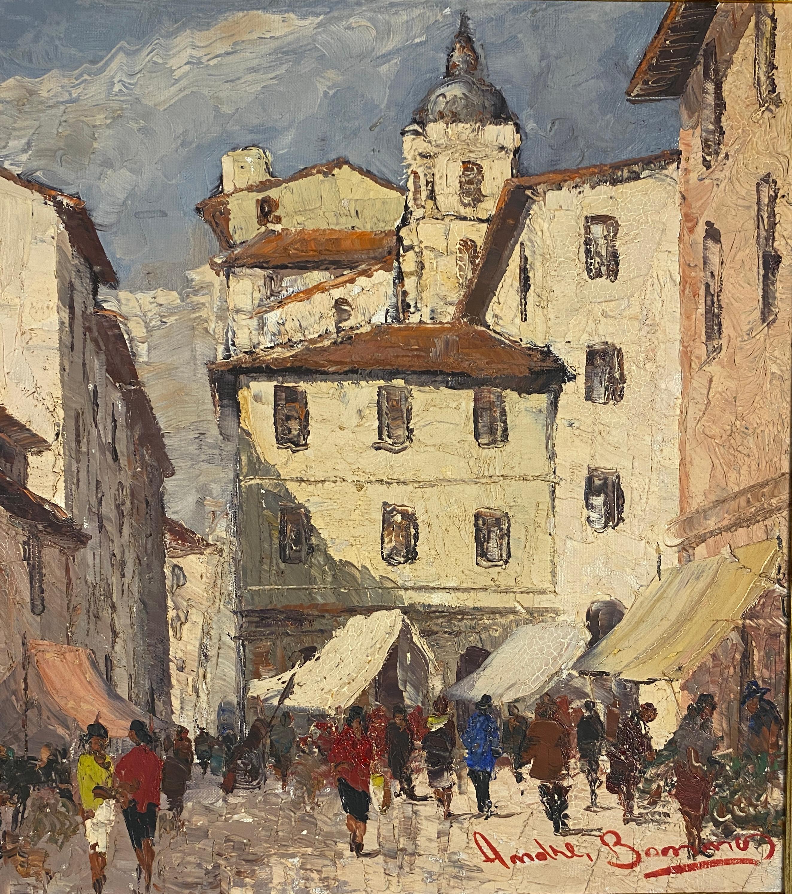 Mid-Century Modern French Village Scene, Oil on Canvas Painting Village in France For Sale