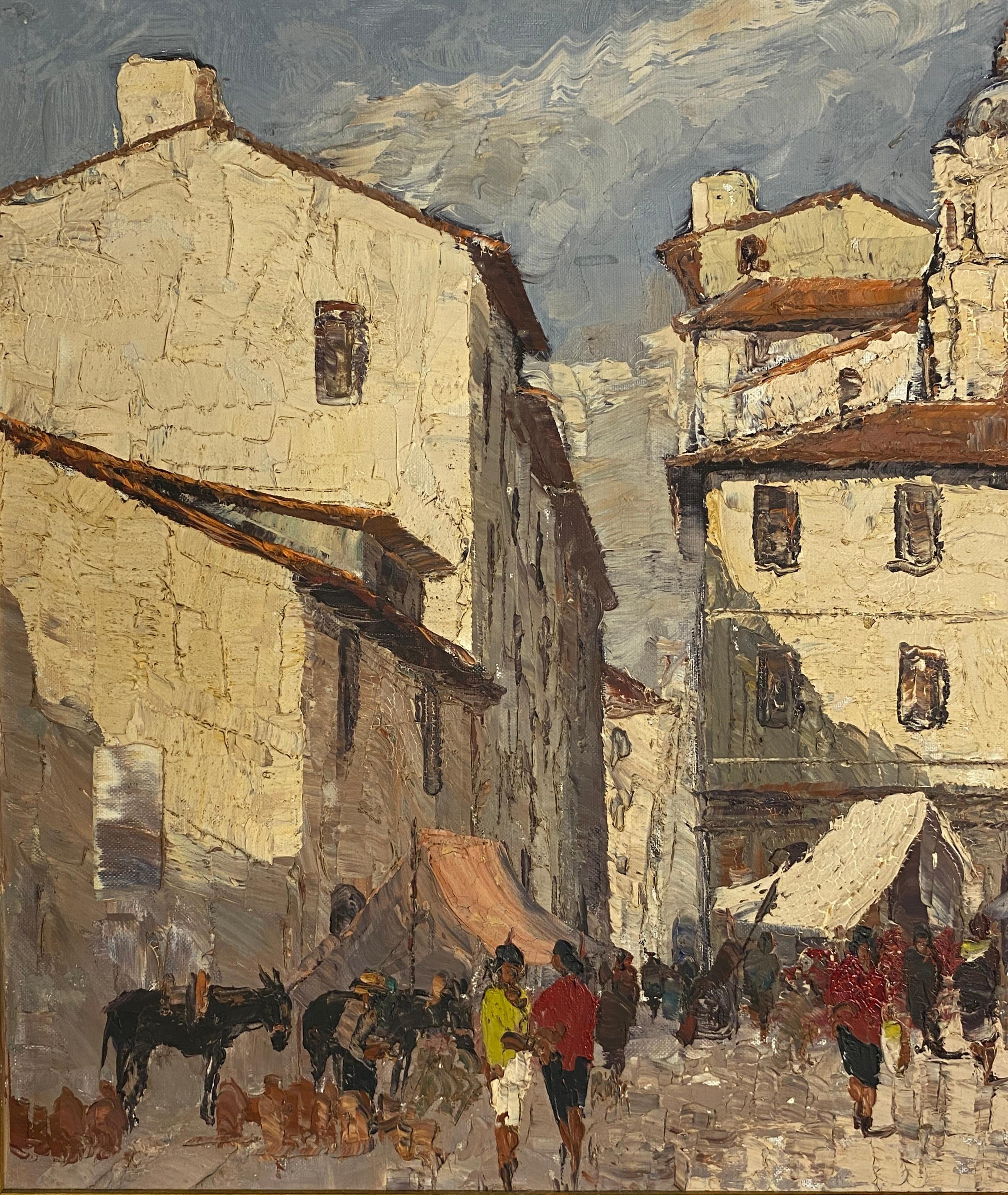 French Village Scene, Oil on Canvas Painting Village in France In Good Condition For Sale In Miami, FL