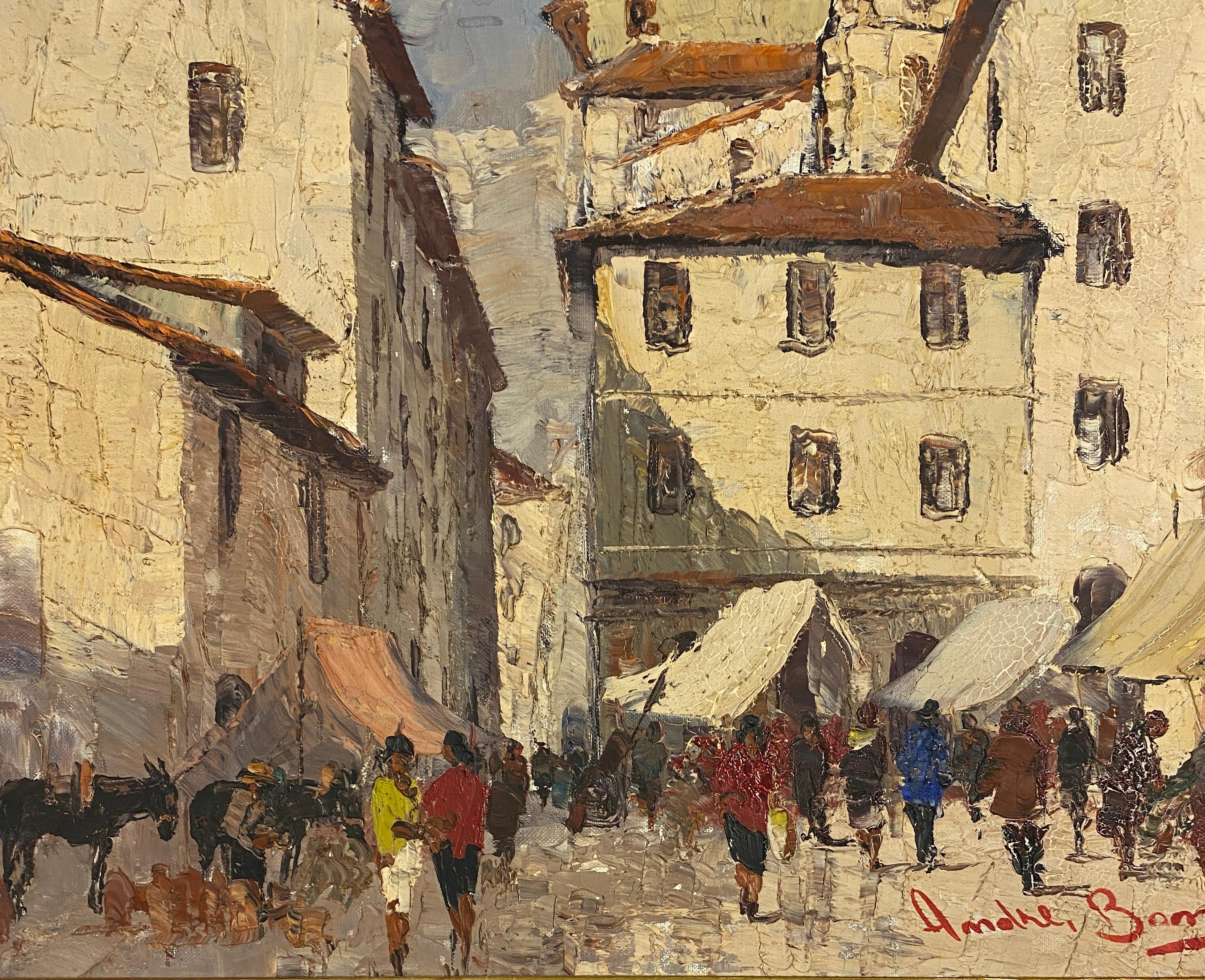 20th Century French Village Scene, Oil on Canvas Painting Village in France For Sale