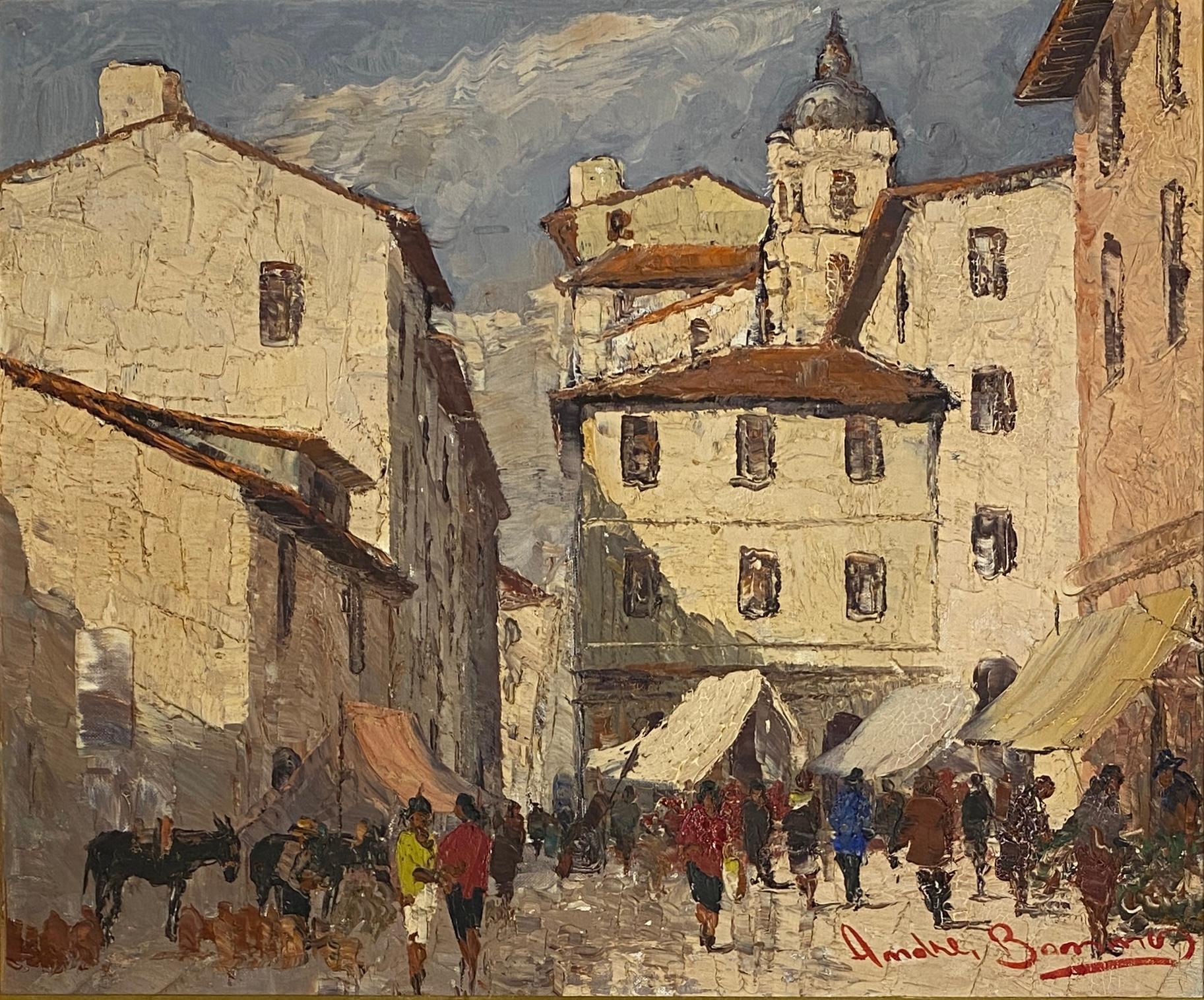 French Village Scene, Oil on Canvas Painting Village in France For Sale 1