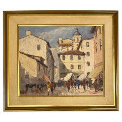 Escena de pueblo francés, Pintura al óleo sobre lienzo Pueblo en Francia