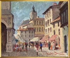 French Village Street Scene Oil on Canvas Painting, Busy Street in France