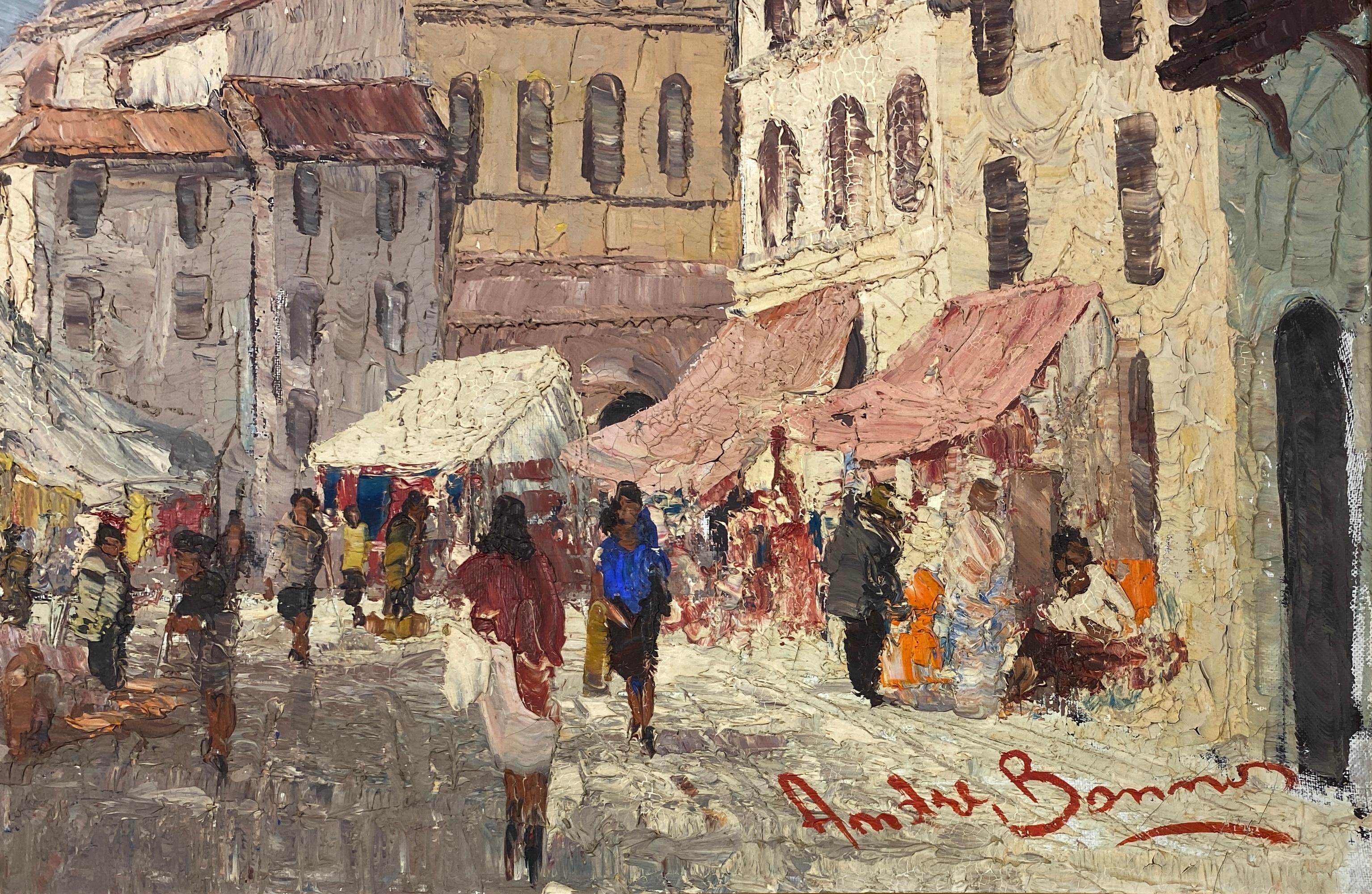 Pintura al óleo sobre lienzo Escena de calle de pueblo francés, Calle concurrida en Francia Moderno de mediados de siglo en venta