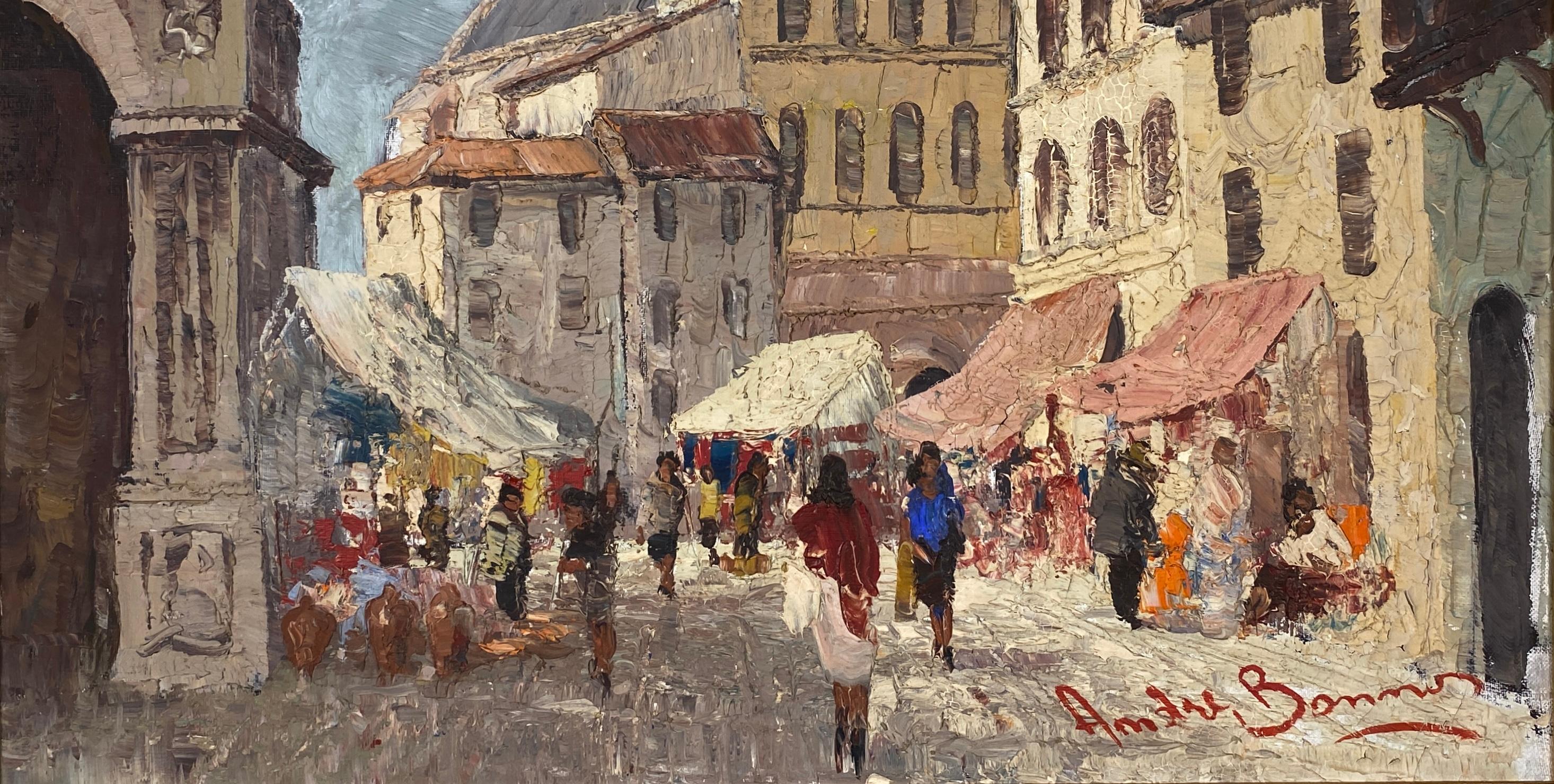 Pintura al óleo sobre lienzo Escena de calle de pueblo francés, Calle concurrida en Francia Francés en venta