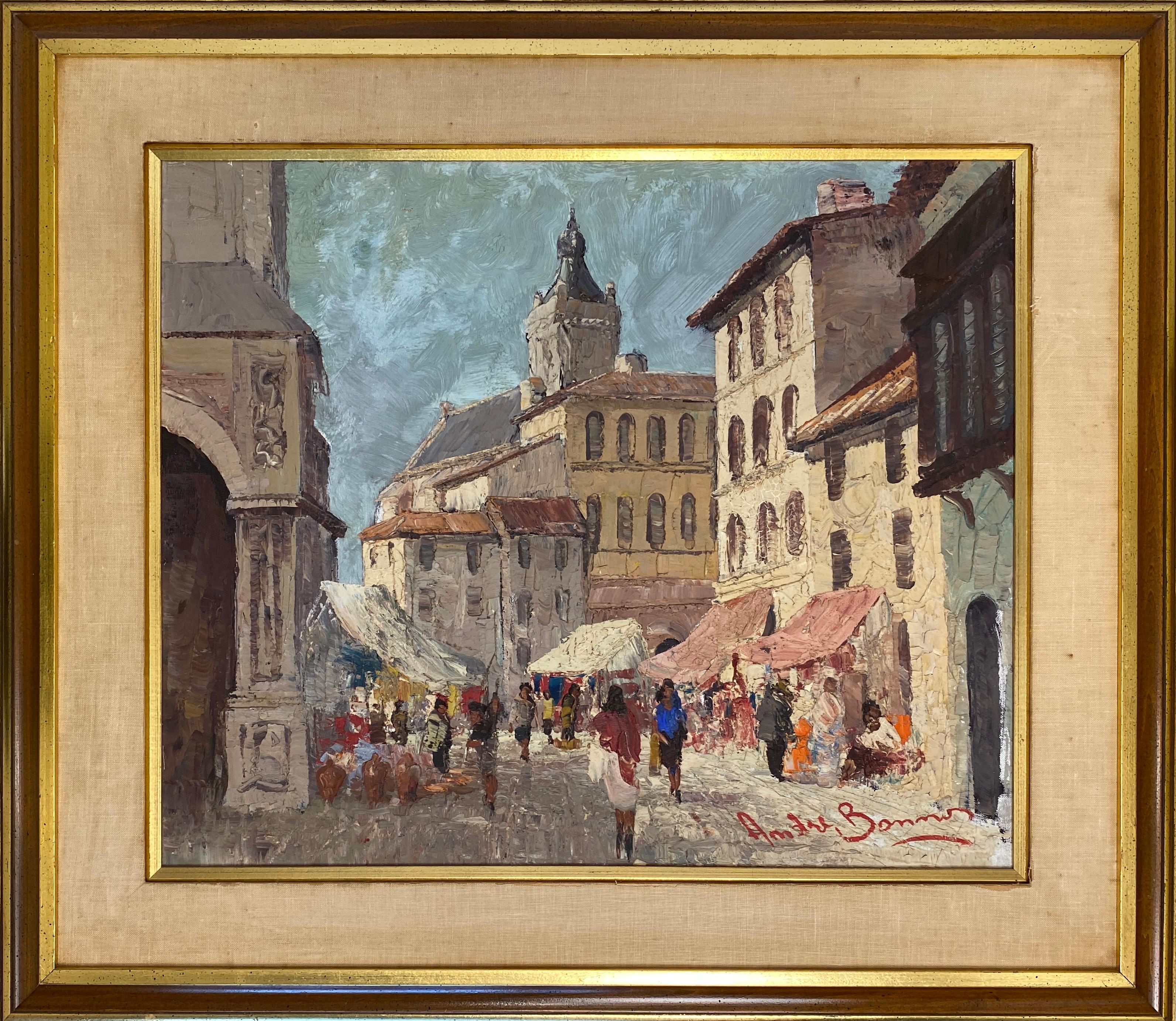Pintura al óleo sobre lienzo Escena de calle de pueblo francés, Calle concurrida en Francia en Bueno estado para la venta en Miami, FL