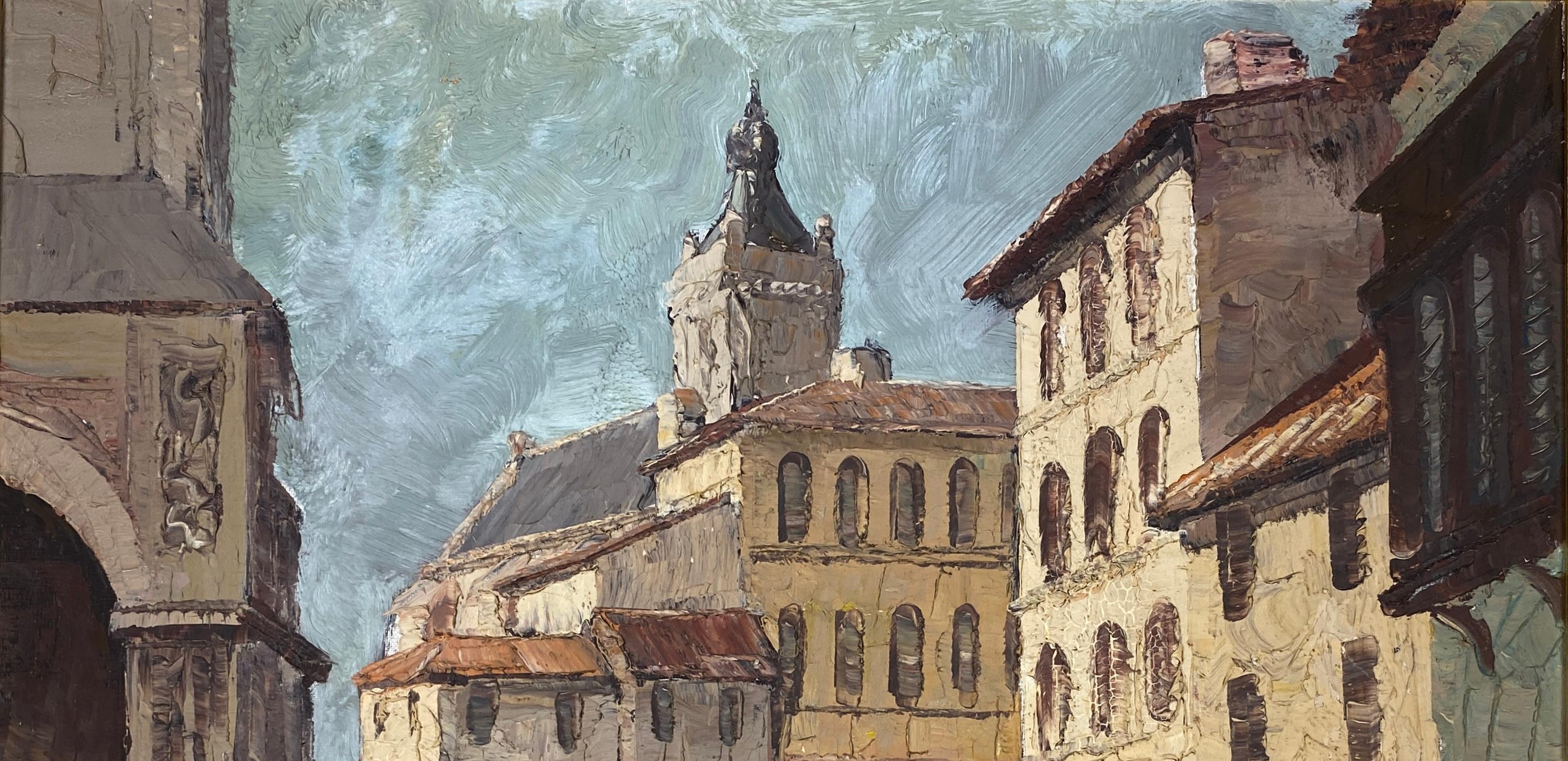 Pintura al óleo sobre lienzo Escena de calle de pueblo francés, Calle concurrida en Francia siglo XX en venta
