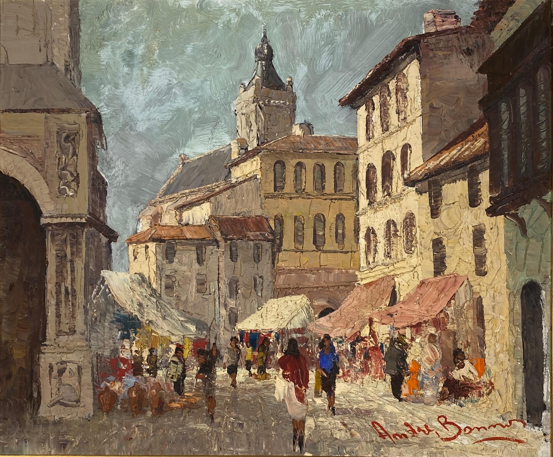 Pintura al óleo sobre lienzo Escena de calle de pueblo francés, Calle concurrida en Francia Lienzo en venta
