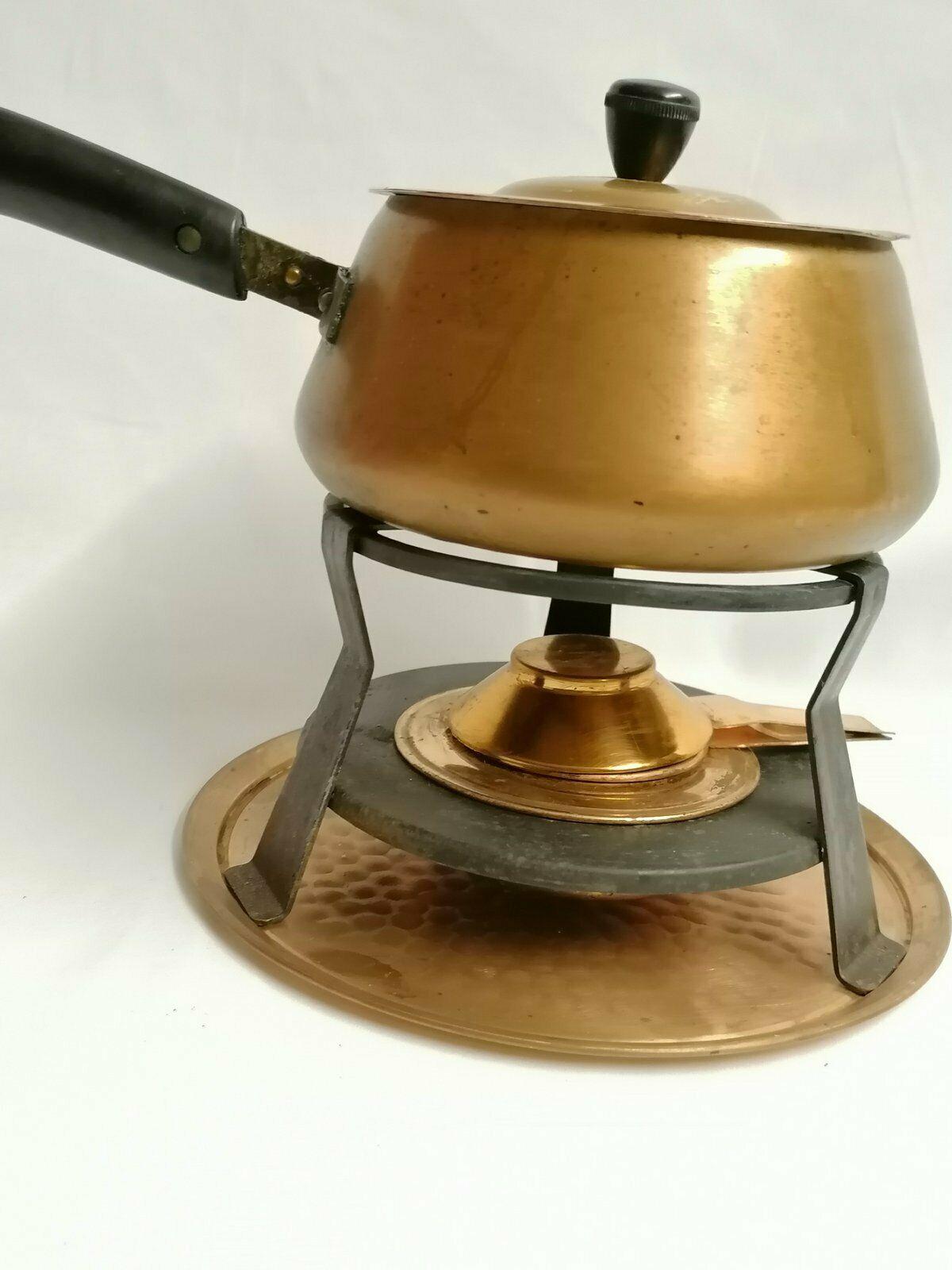 French Villedieu Set of Antique Retro Copper Fondue Set with Burner Spring For Sale 1