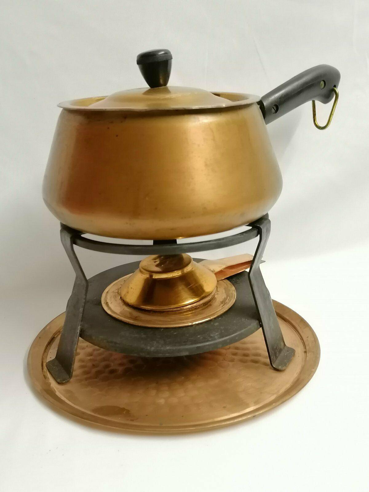 French Villedieu Set of Antique Retro Copper Fondue Set with Burner Spring For Sale 4