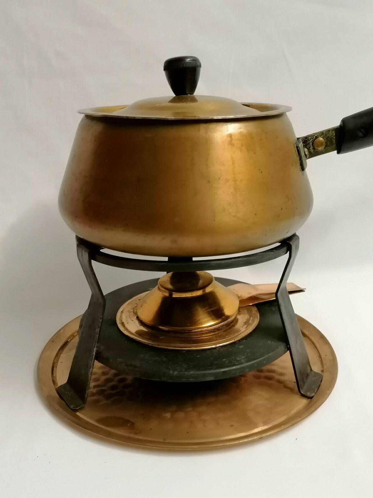 20th Century French Villedieu Set of Antique Retro Copper Fondue Set with Burner Spring For Sale