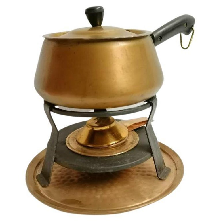 French Villedieu Set of Antique Retro Copper Fondue Set with Burner