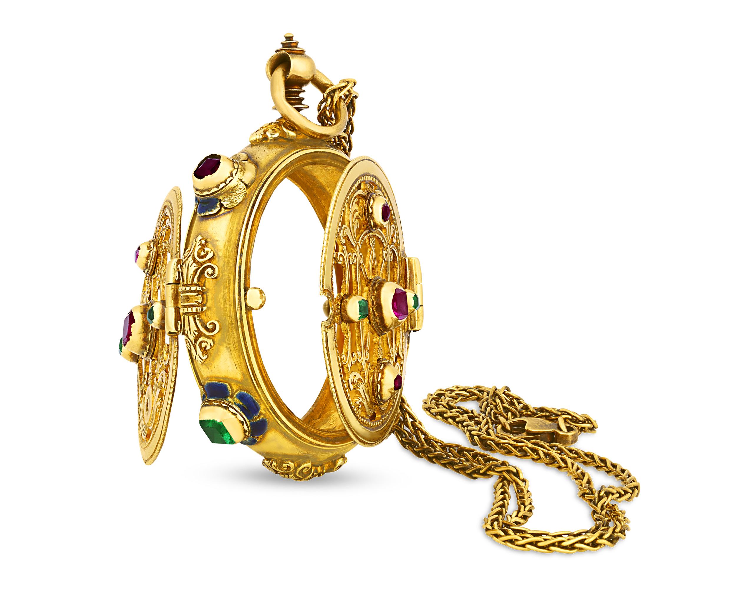 This romantic 18th-century French pendant features verdant emerald and crimson ruby accents set in lustrous 18K yellow gold. More than an elegant statement necklace, the pendant would have served a dual function as a vinaigrette. Gentlemen and