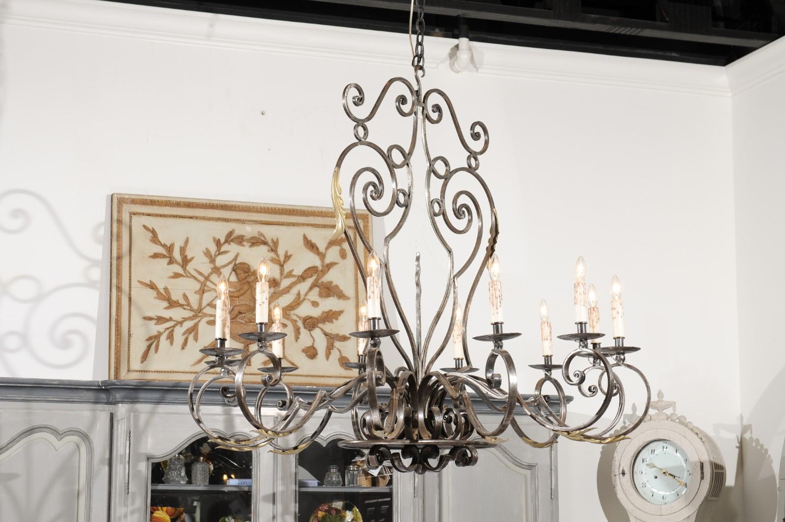 SOLD French Vintage 12-Light Wrought-Iron Chandelier with Scrolling Accents 5