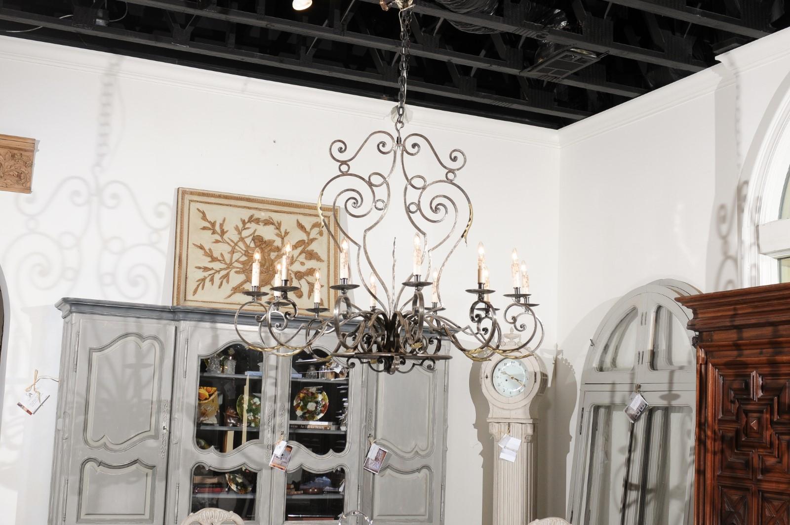 SOLD French Vintage 12-Light Wrought-Iron Chandelier with Scrolling Accents 6