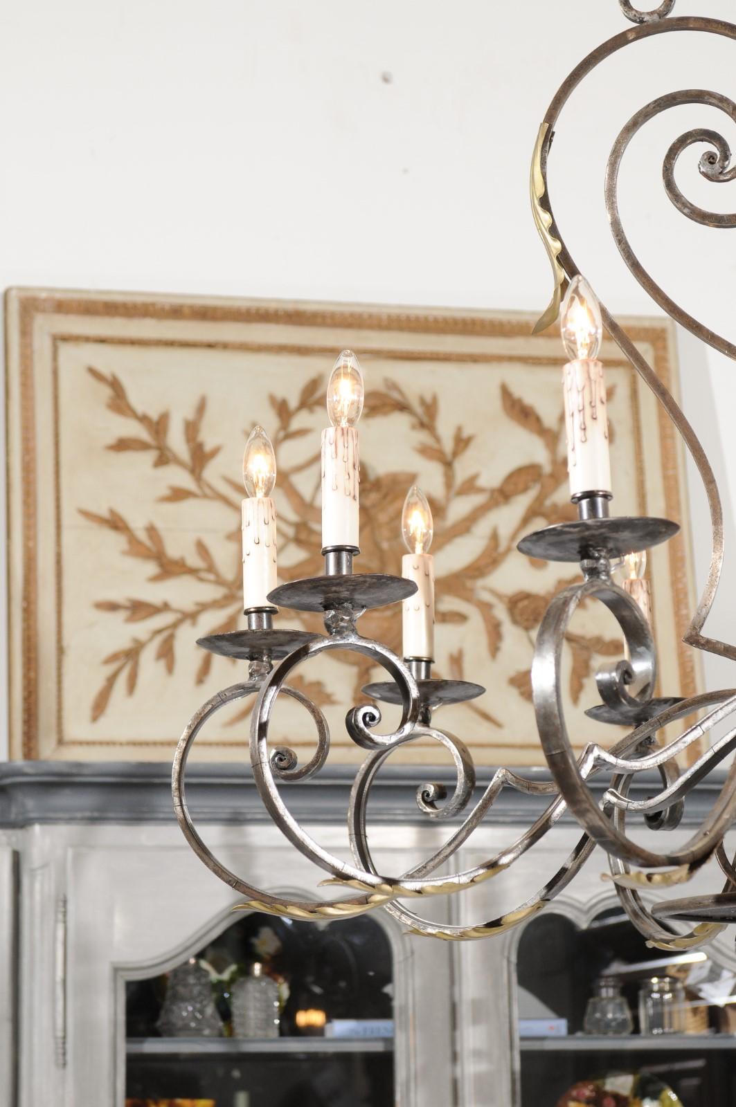 SOLD French Vintage 12-Light Wrought-Iron Chandelier with Scrolling Accents In Good Condition In Atlanta, GA