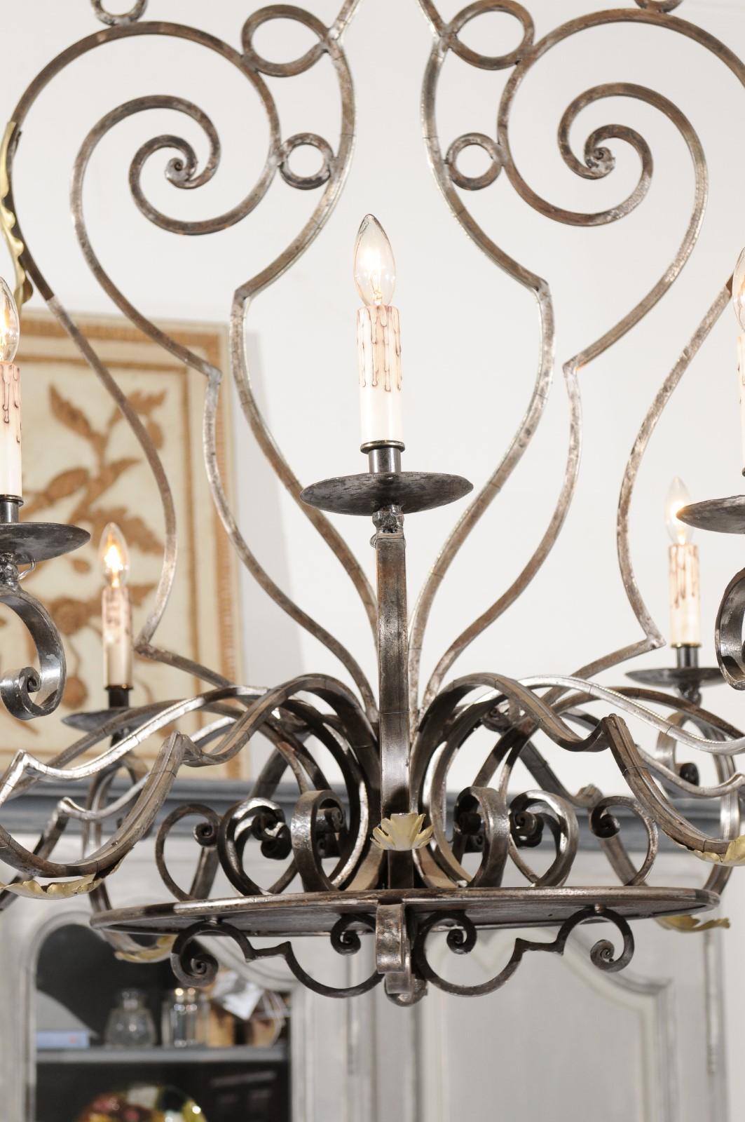 20th Century SOLD French Vintage 12-Light Wrought-Iron Chandelier with Scrolling Accents