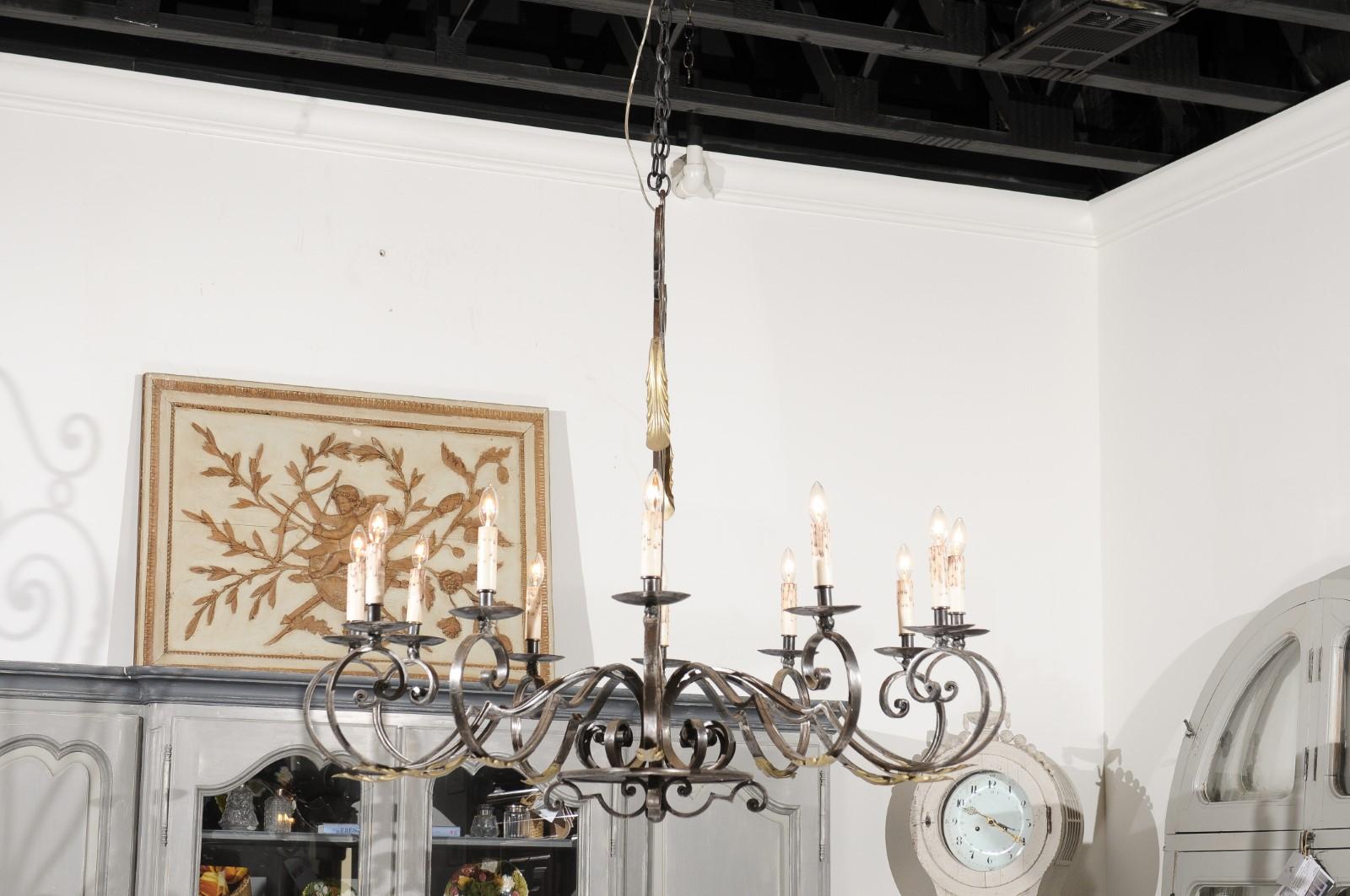 SOLD French Vintage 12-Light Wrought-Iron Chandelier with Scrolling Accents 4
