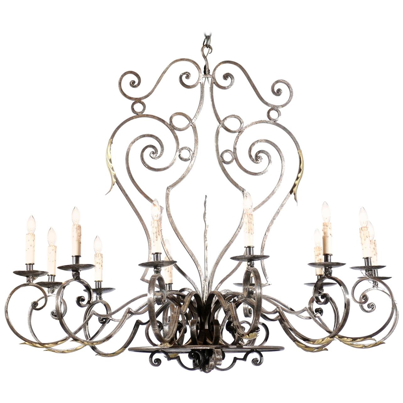 SOLD French Vintage 12-Light Wrought-Iron Chandelier with Scrolling Accents