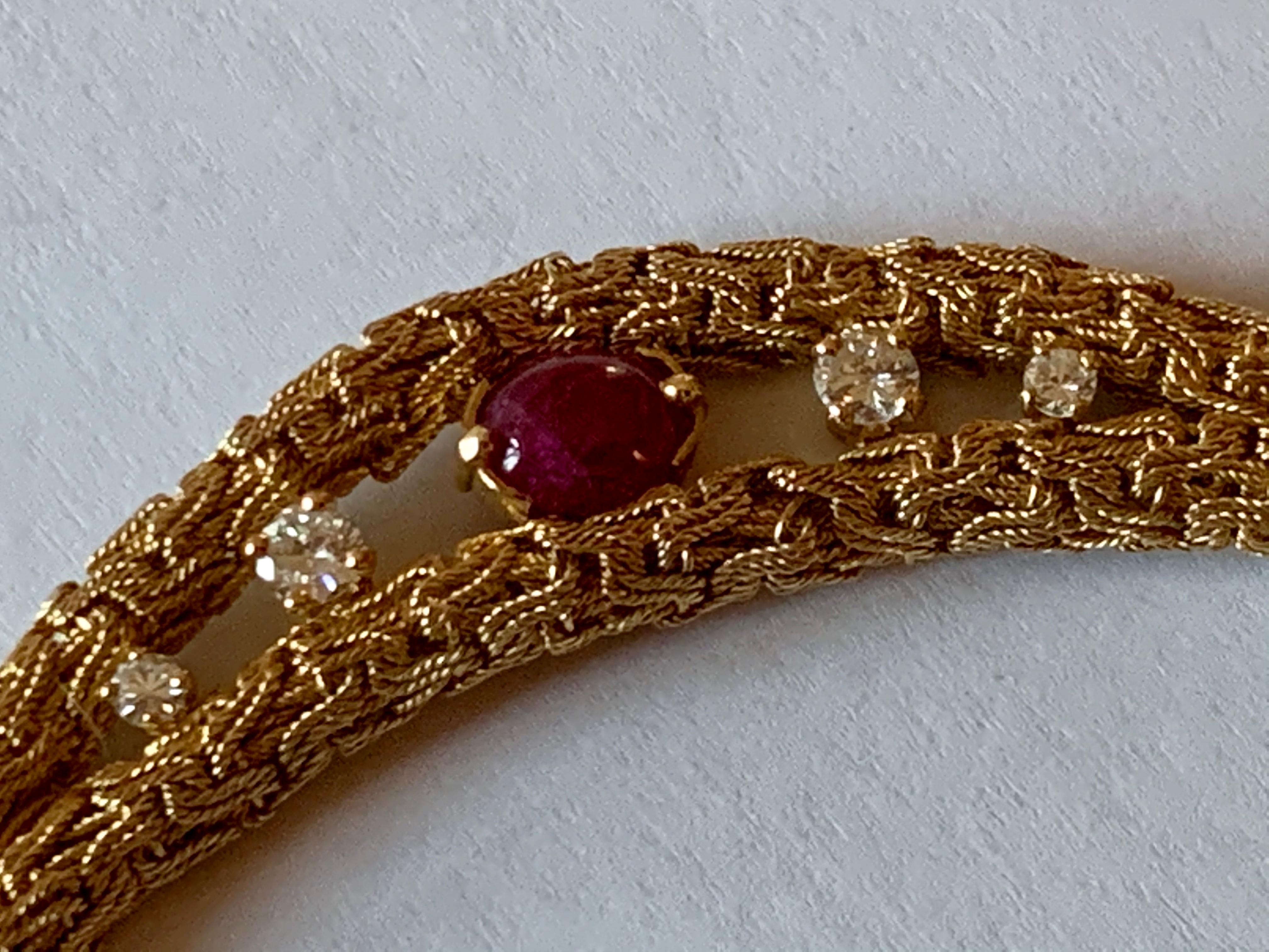 Women's French Vintage 18 Karat Yellow Gold Ruby and Diamond Necklace