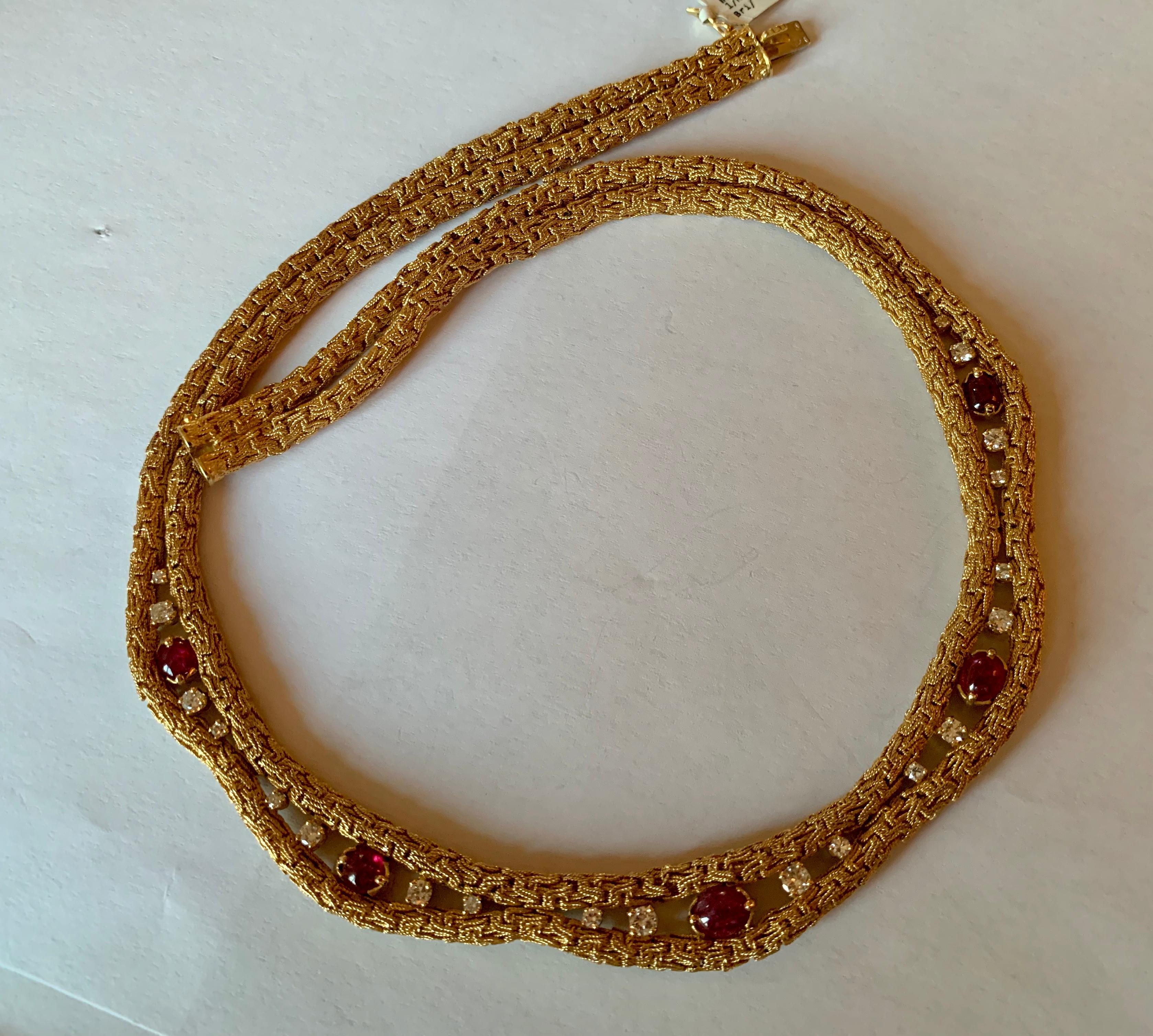 French Vintage 18 Karat Yellow Gold Ruby and Diamond Necklace 1
