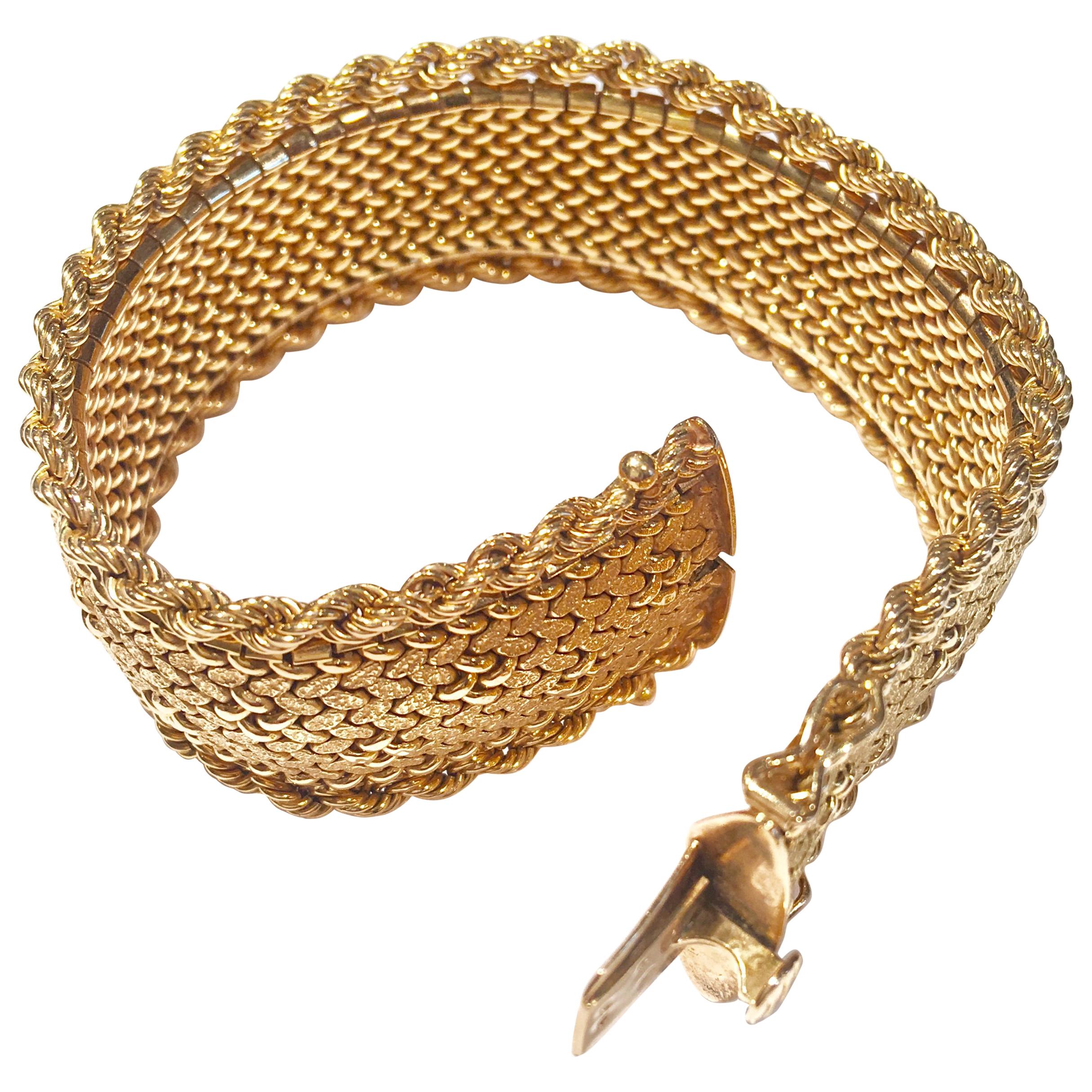 French Vintage 18 Karat Yellow Gold Flexible Cuff Bracelet