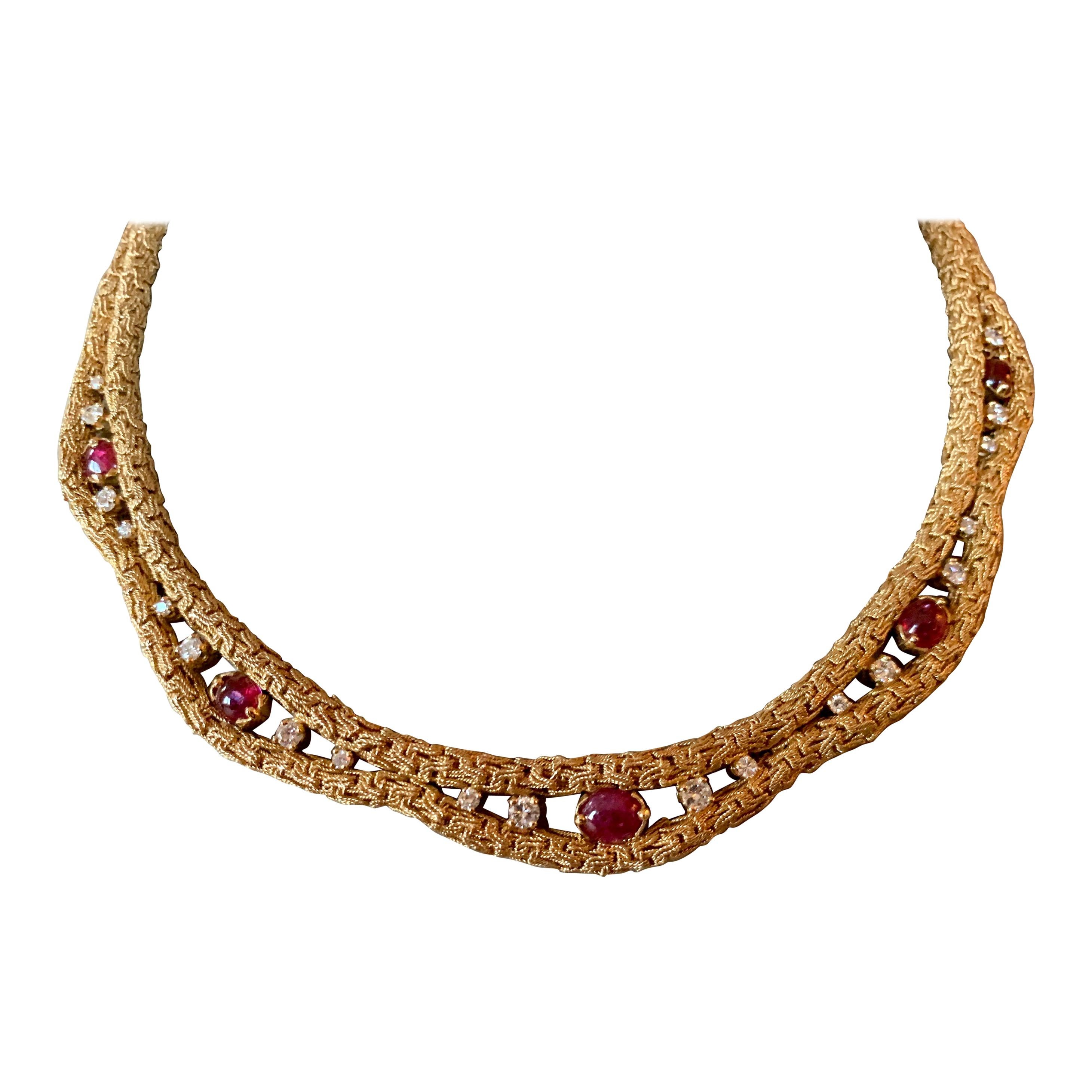 French Vintage 18 Karat Yellow Gold Ruby and Diamond Necklace