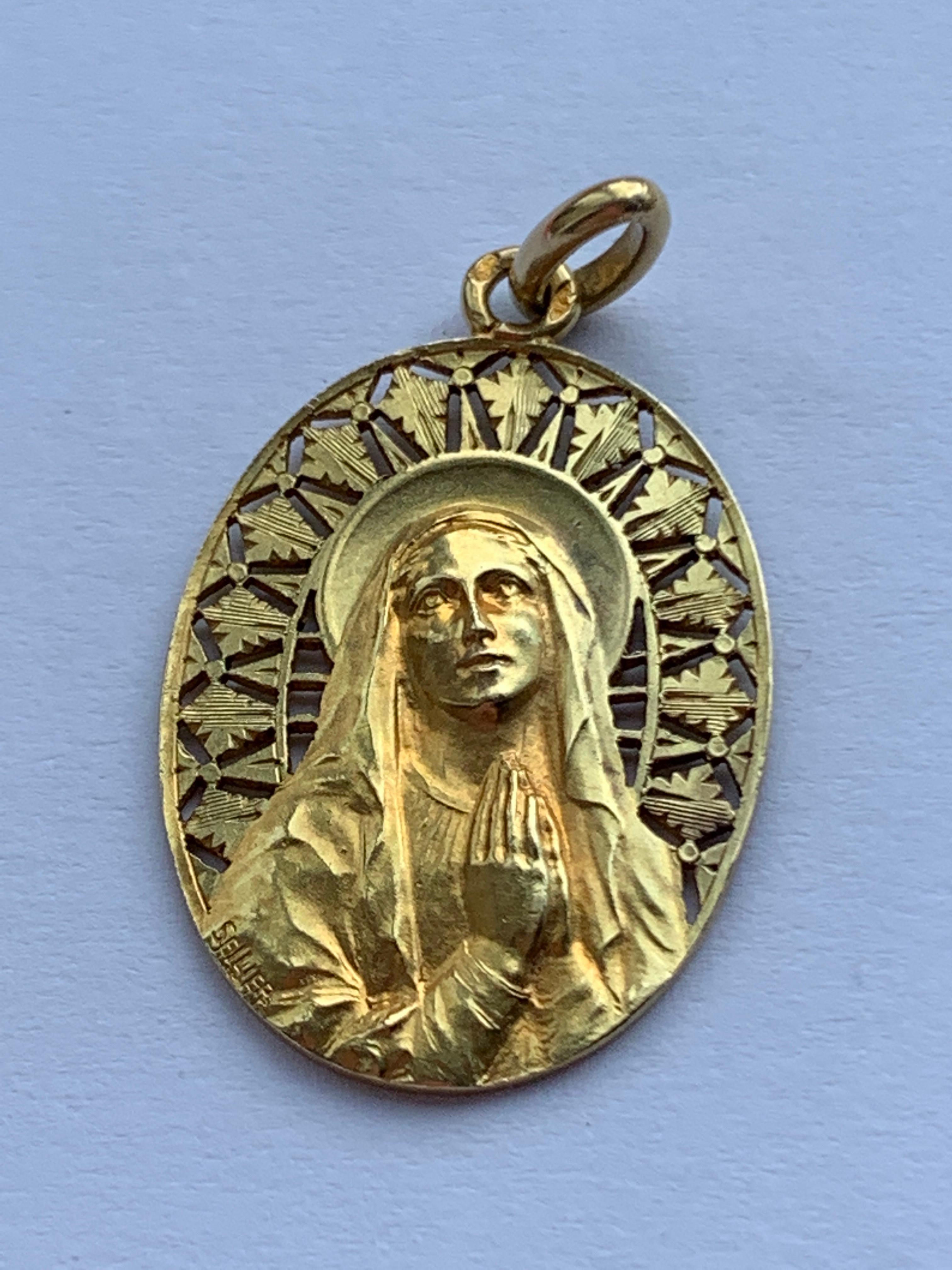 Women's or Men's French Antique 18ct Gold Virgin Mary signed Sellier  For Sale