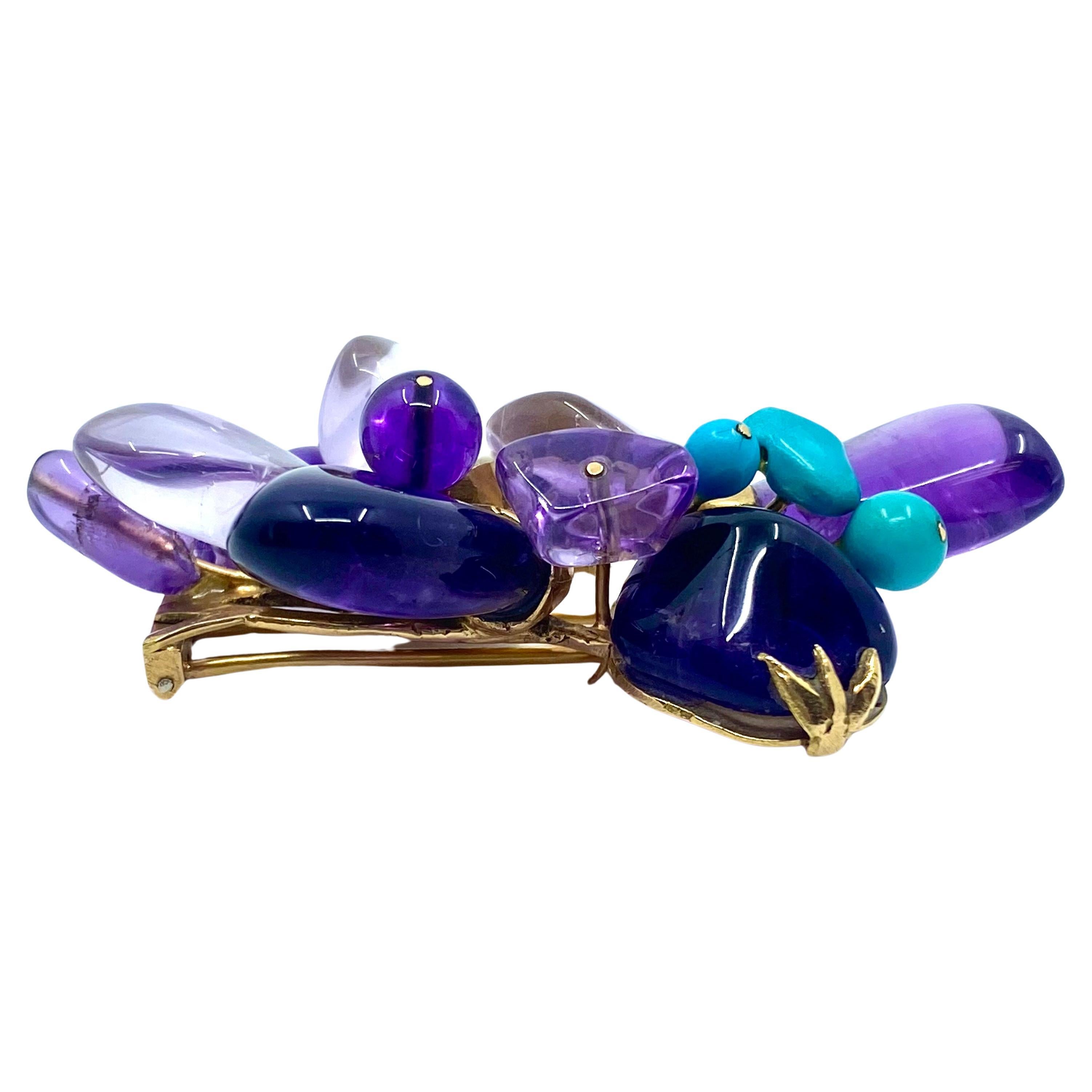 French Cut French Vintage 18k Gold Brooch Amethyst Turquoise For Sale