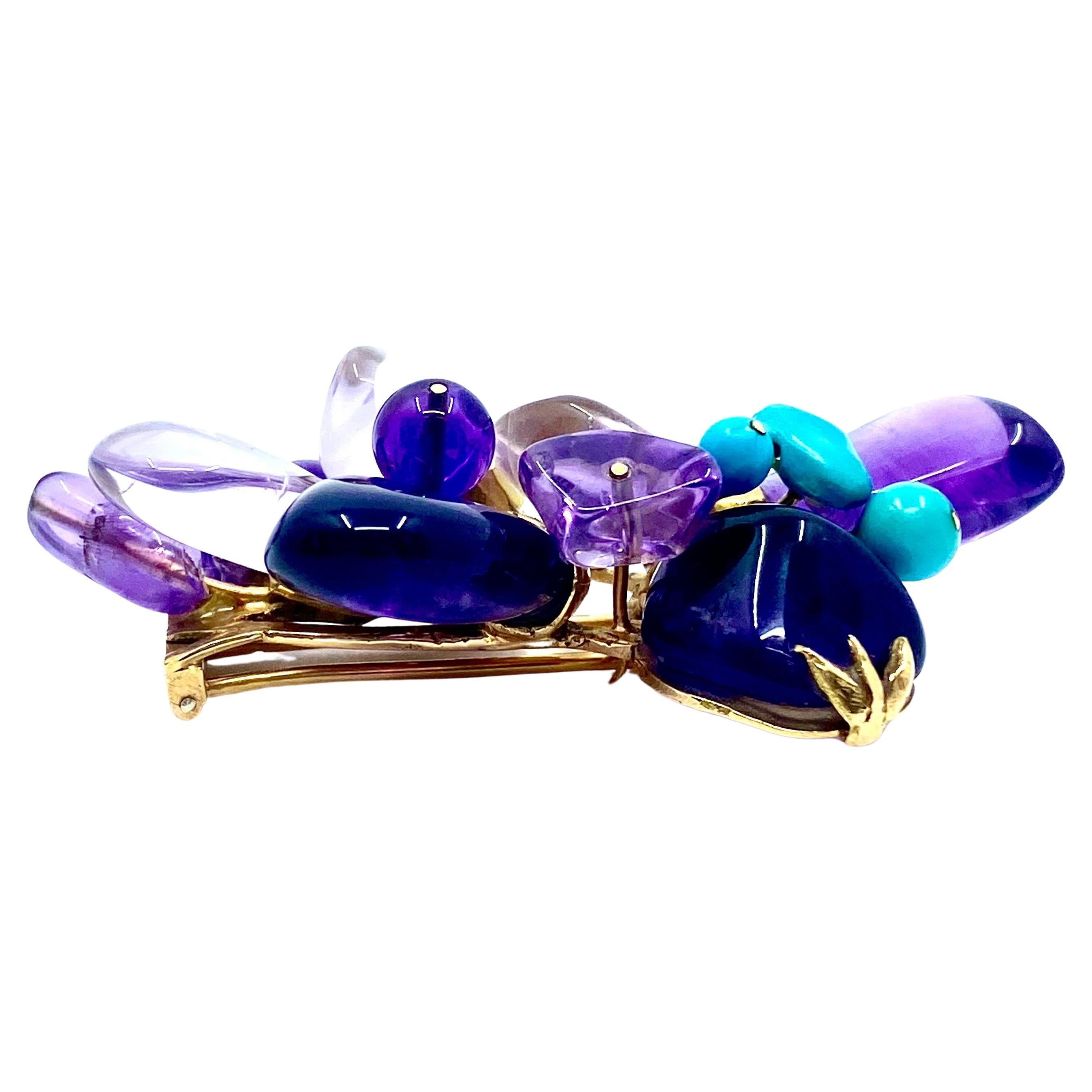 Women's French Vintage 18k Gold Brooch Amethyst Turquoise For Sale