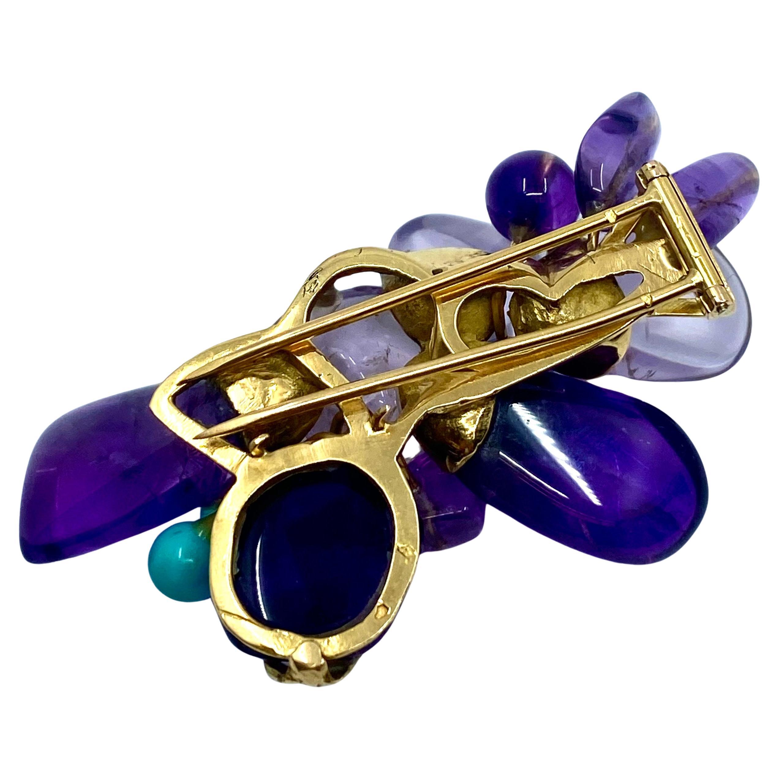 French Vintage 18k Gold Brooch Amethyst Turquoise For Sale 1