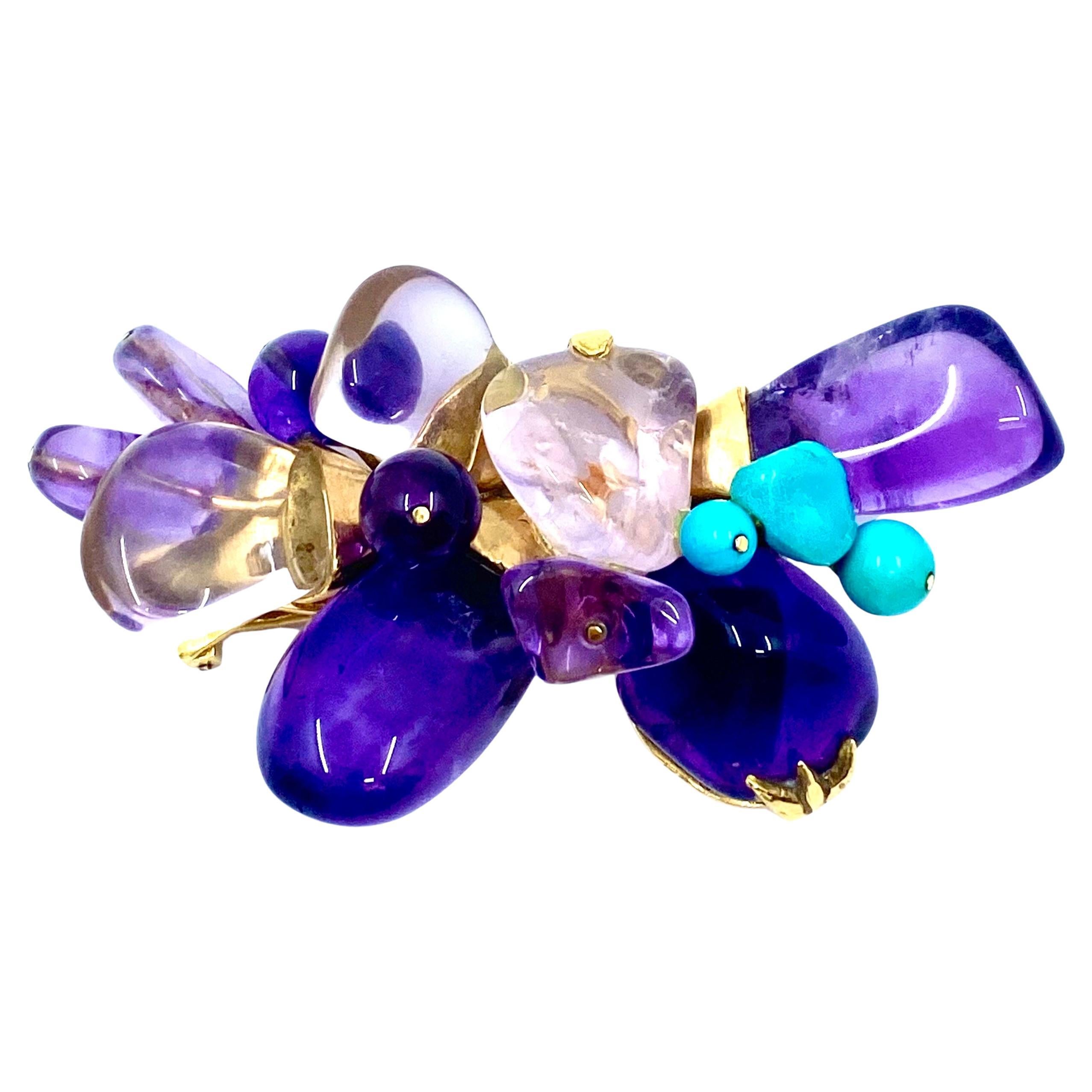 French Vintage 18k Gold Brooch Amethyst Turquoise For Sale 2