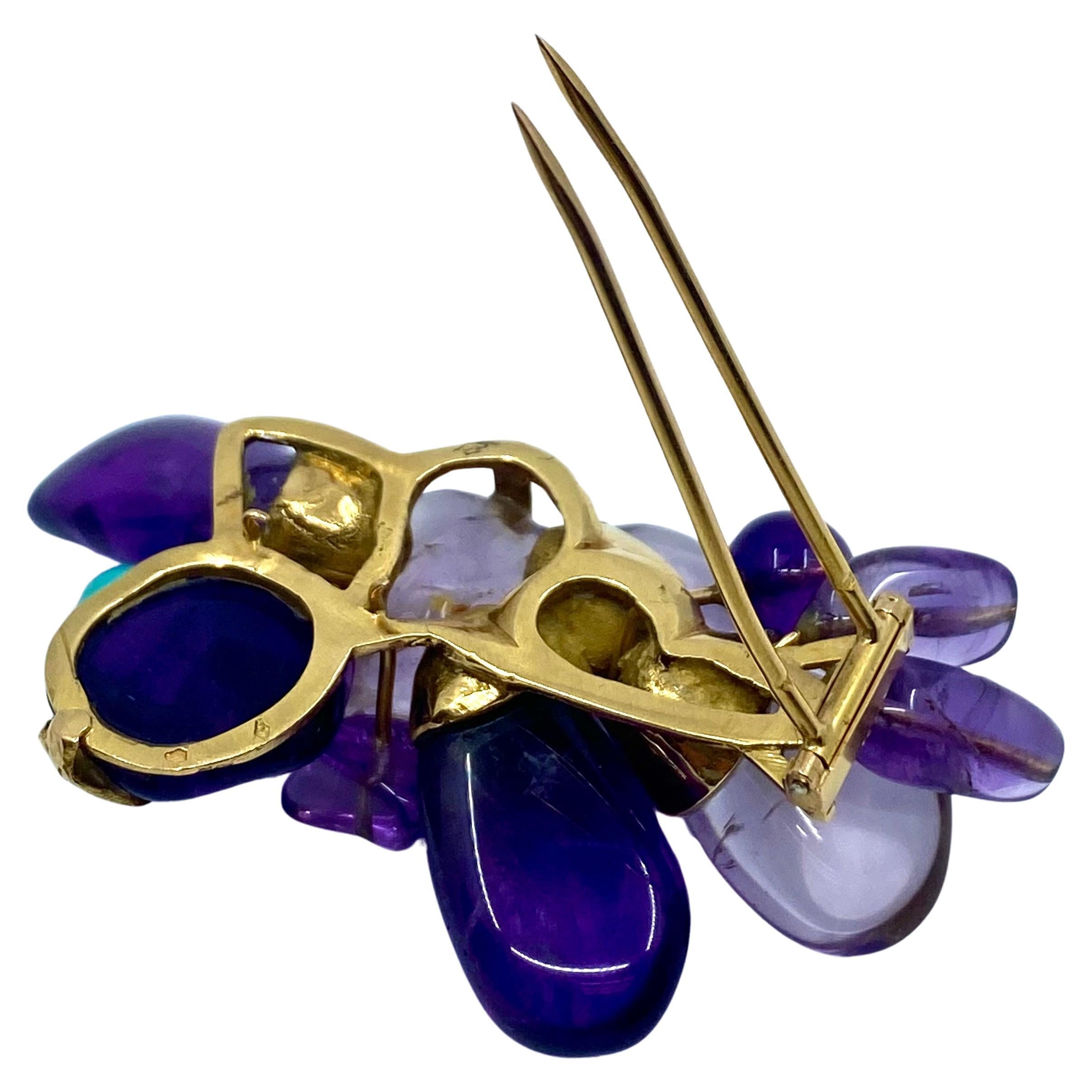 French Vintage 18k Gold Brooch Amethyst Turquoise For Sale 3